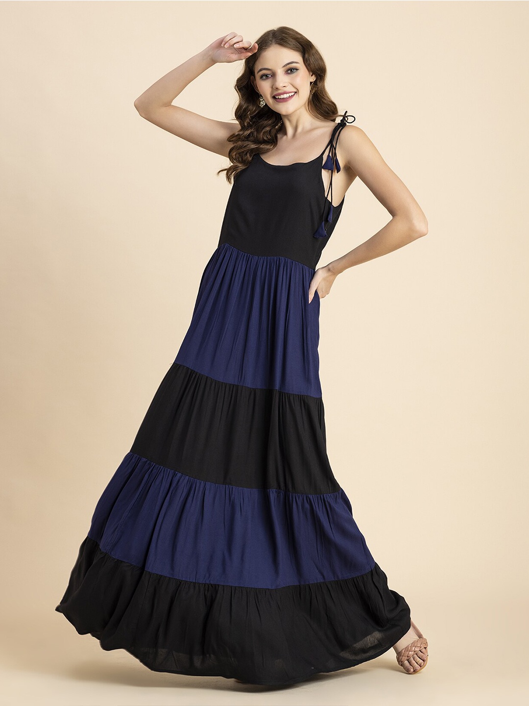 

KALINI Colourblocked Tiered Sleeveless Fit & Flare Dress, Navy blue