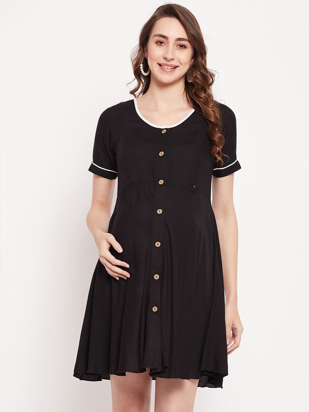 

KALINI Maternity Round Neck Fit & Flare Dress, Black