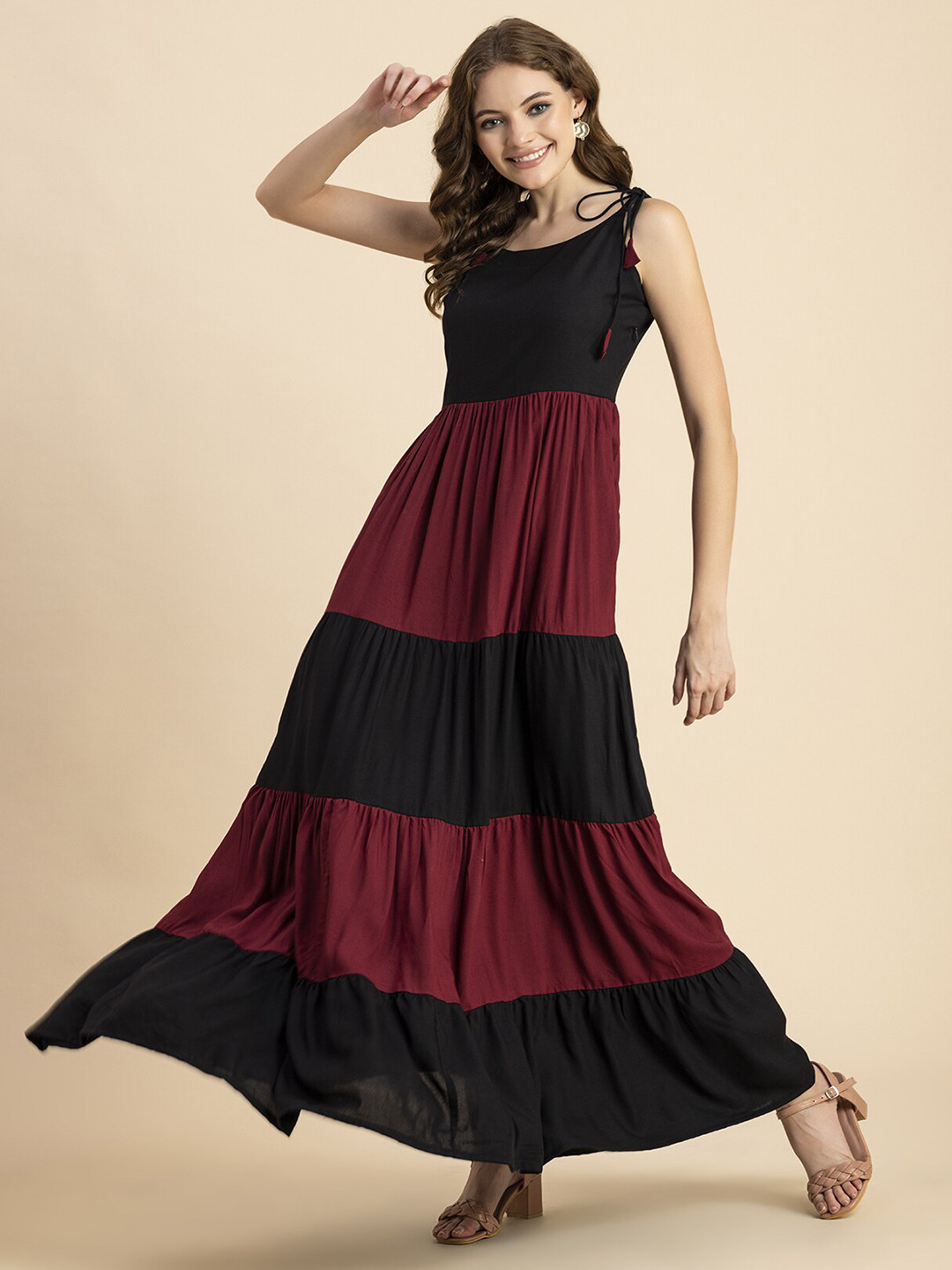 

KALINI Colourblocked Tiered Sleeveless Fit & Flare Dress, Maroon