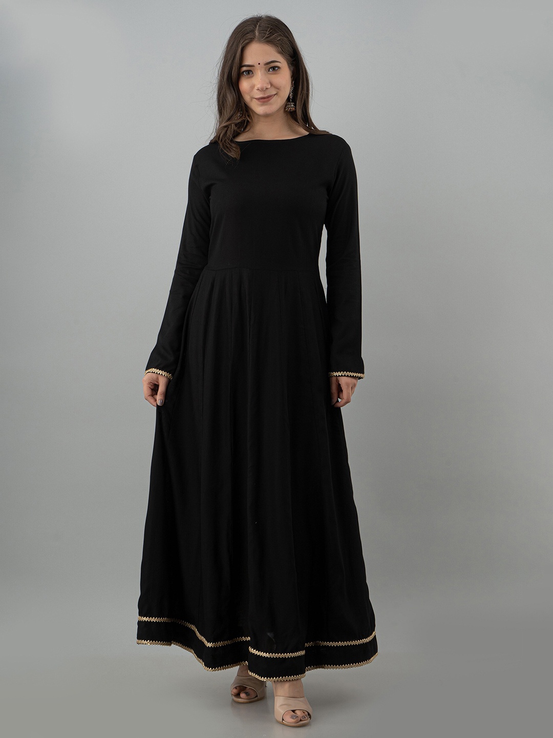 

KALINI Gotta Patti Long Sleeves Maxi Fit & Flare Ethnic Dress, Black