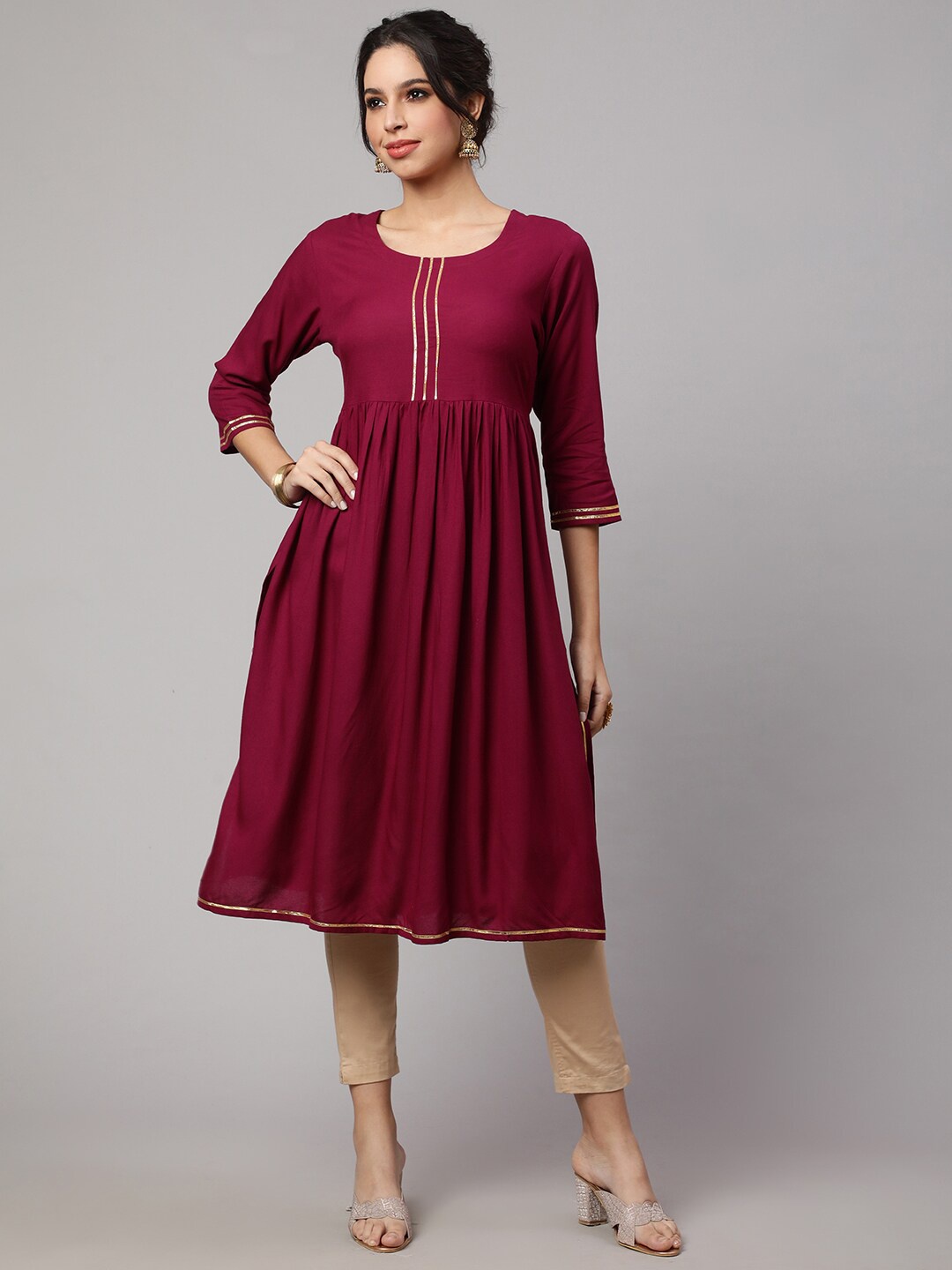 

KALINI Gotta Patti Round Neck A-Line Pleated Kurta, Maroon