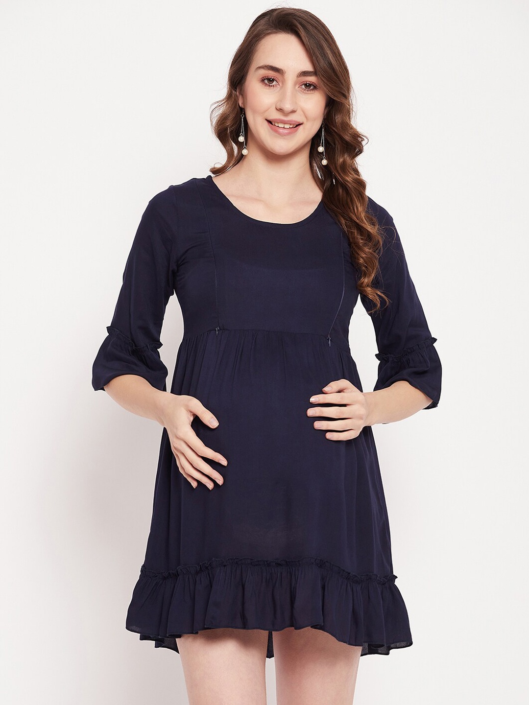 

KALINI Maternity Bell Sleeves Flounce Mini Fit & Flare Dress, Navy blue
