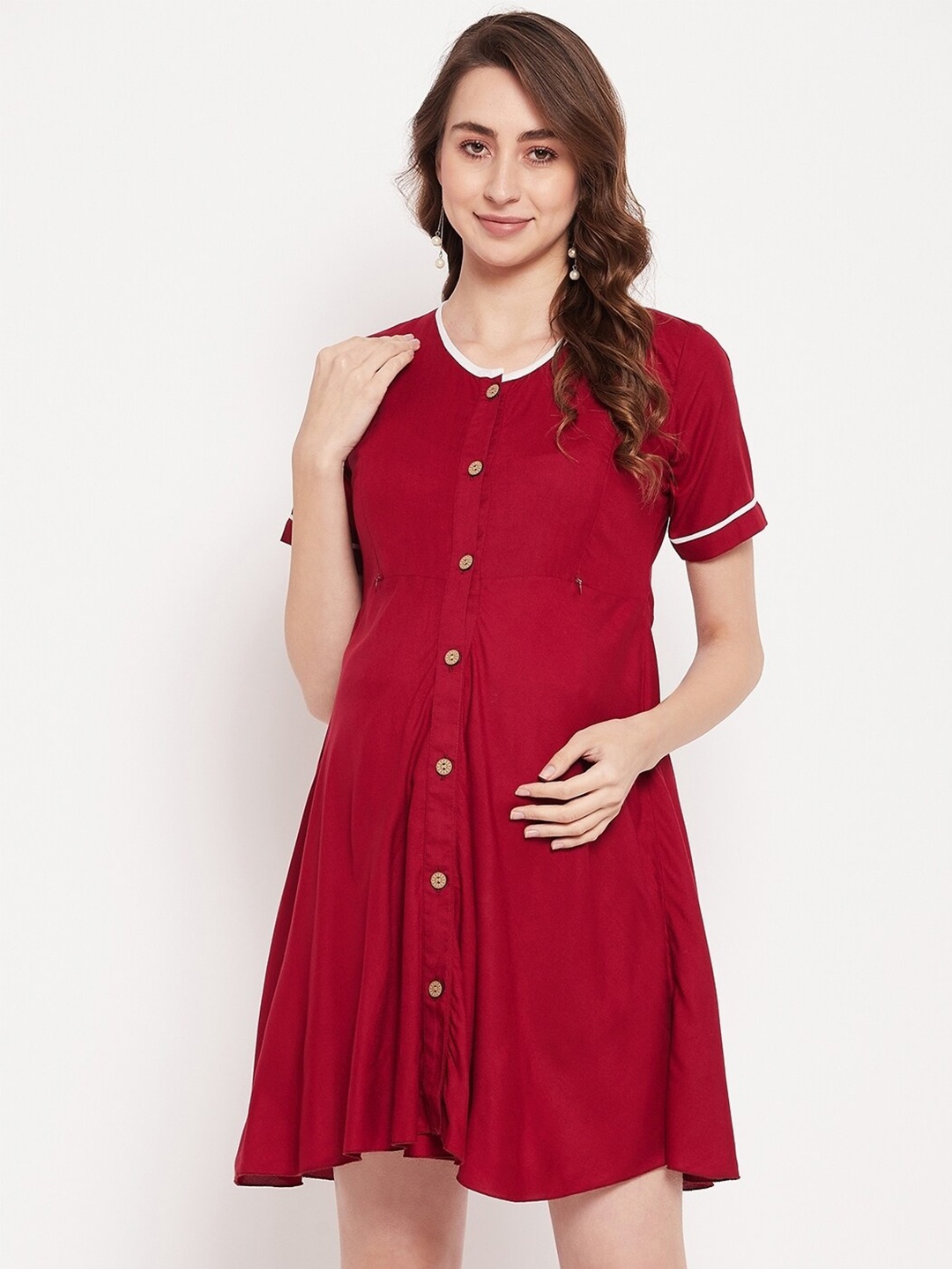 

KALINI Maternity Round Neck Fit & Flare Dress, Maroon
