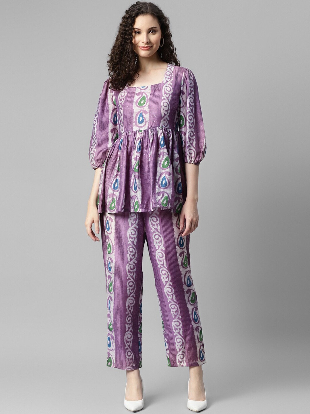 

DEEBACO Ethnic Motifs Printed Round-Neck Top With Trouser, Lavender