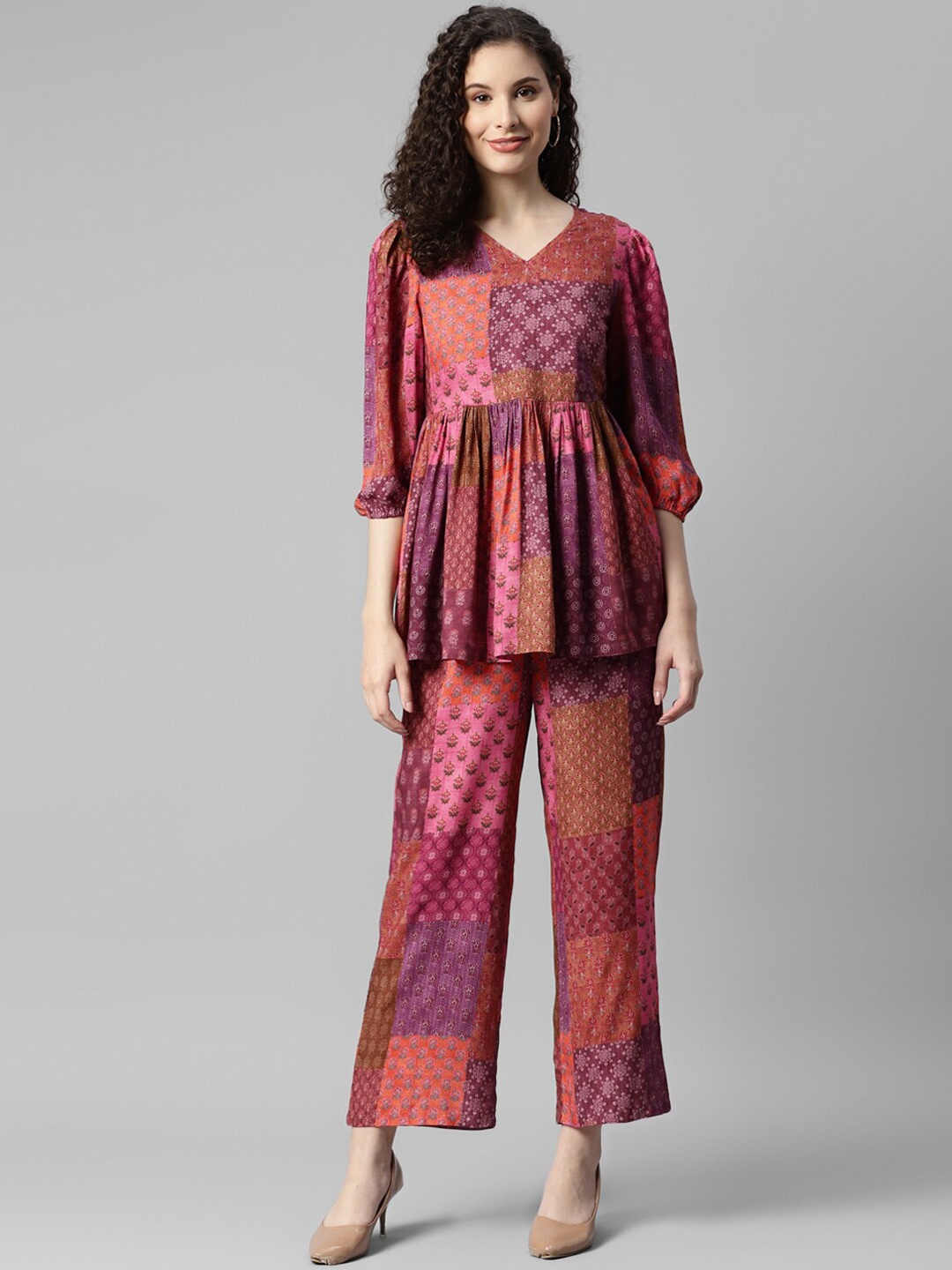 

DEEBACO Ethnic Motifs Printed Top & Trousers, Purple