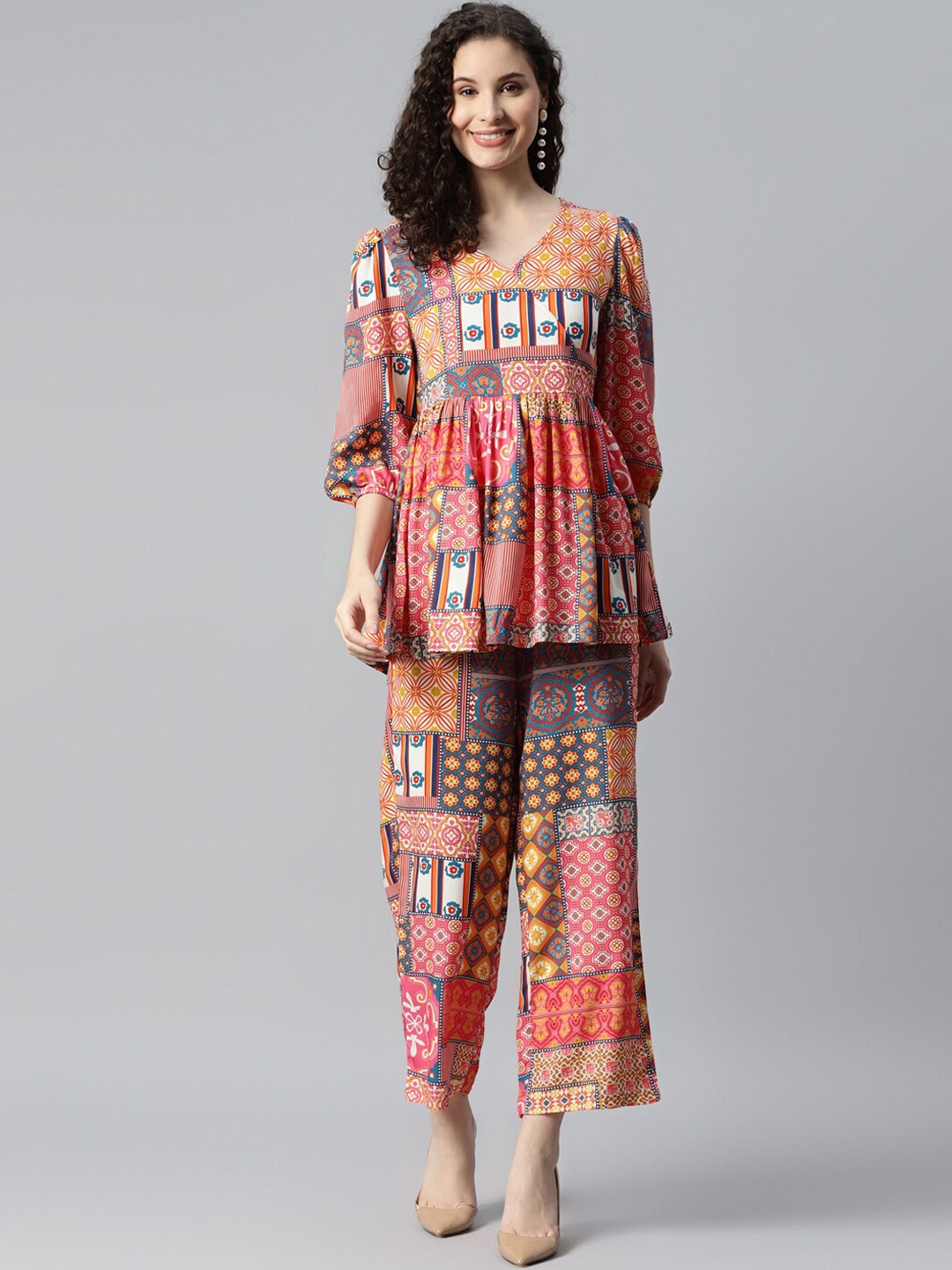 

DEEBACO Geometrical Printed V-Neck Tunic With Palazzo, Peach