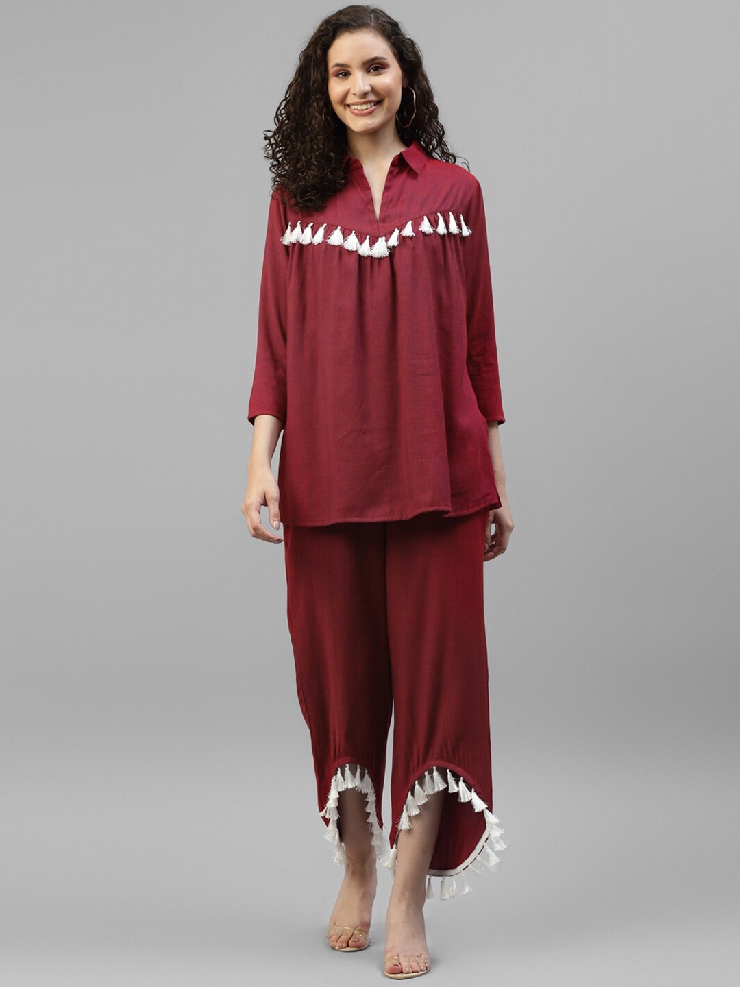 

DEEBACO Shirt Collar Tasseled Top With Trouser, Magenta