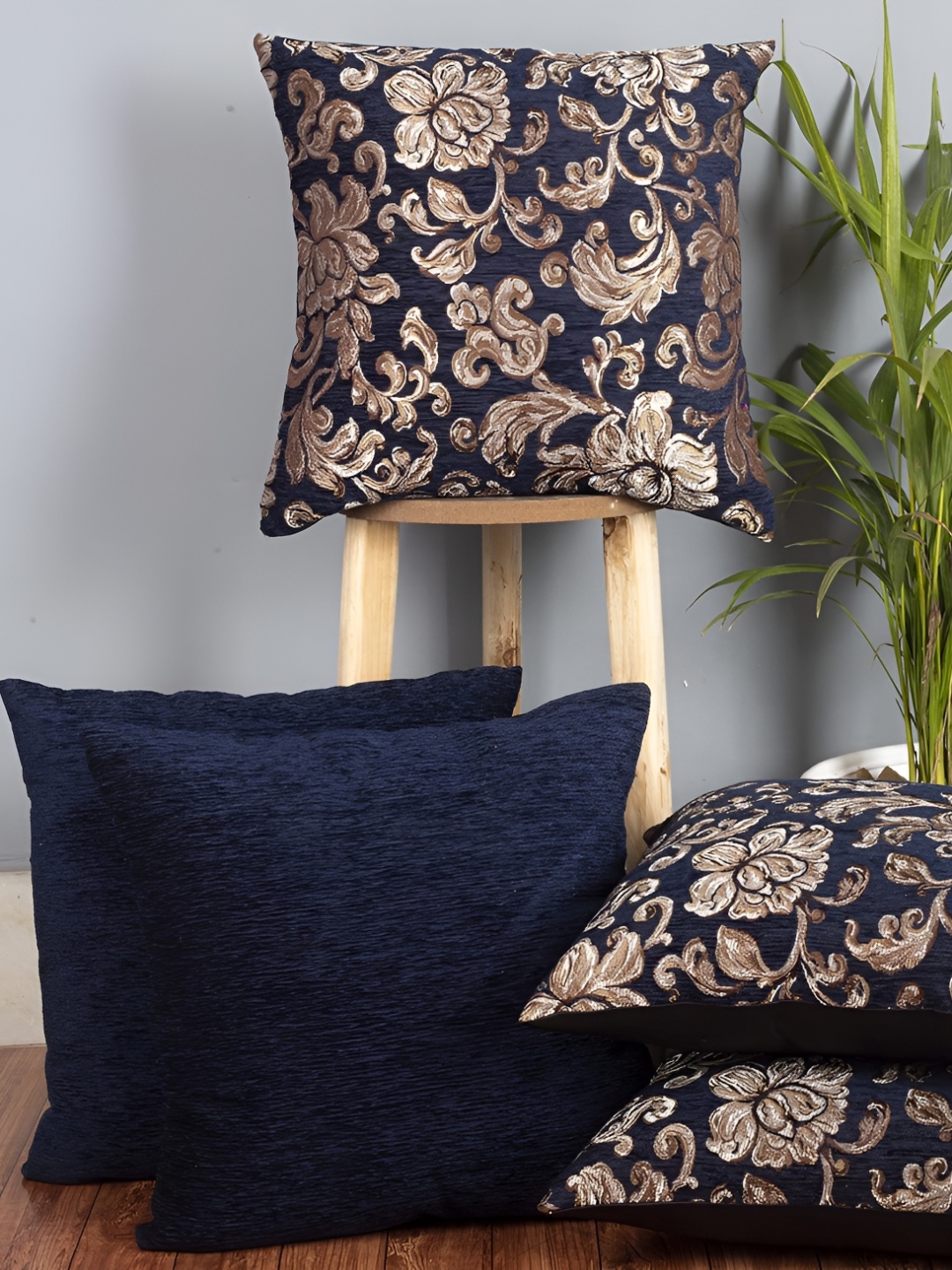 

CAZIMO Blue & Gold-Toned 5 Pieces Floral Textured Jacquard Square Cushion Covers