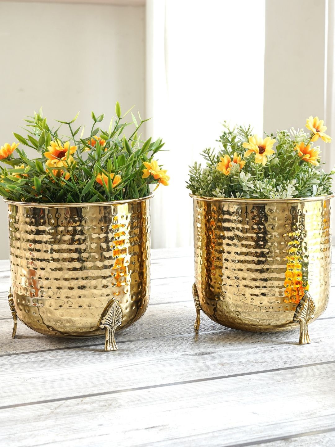 

BEHOMA Set of 2 Gold Toned Small Hammered Metal Planter with Leaf Leg
