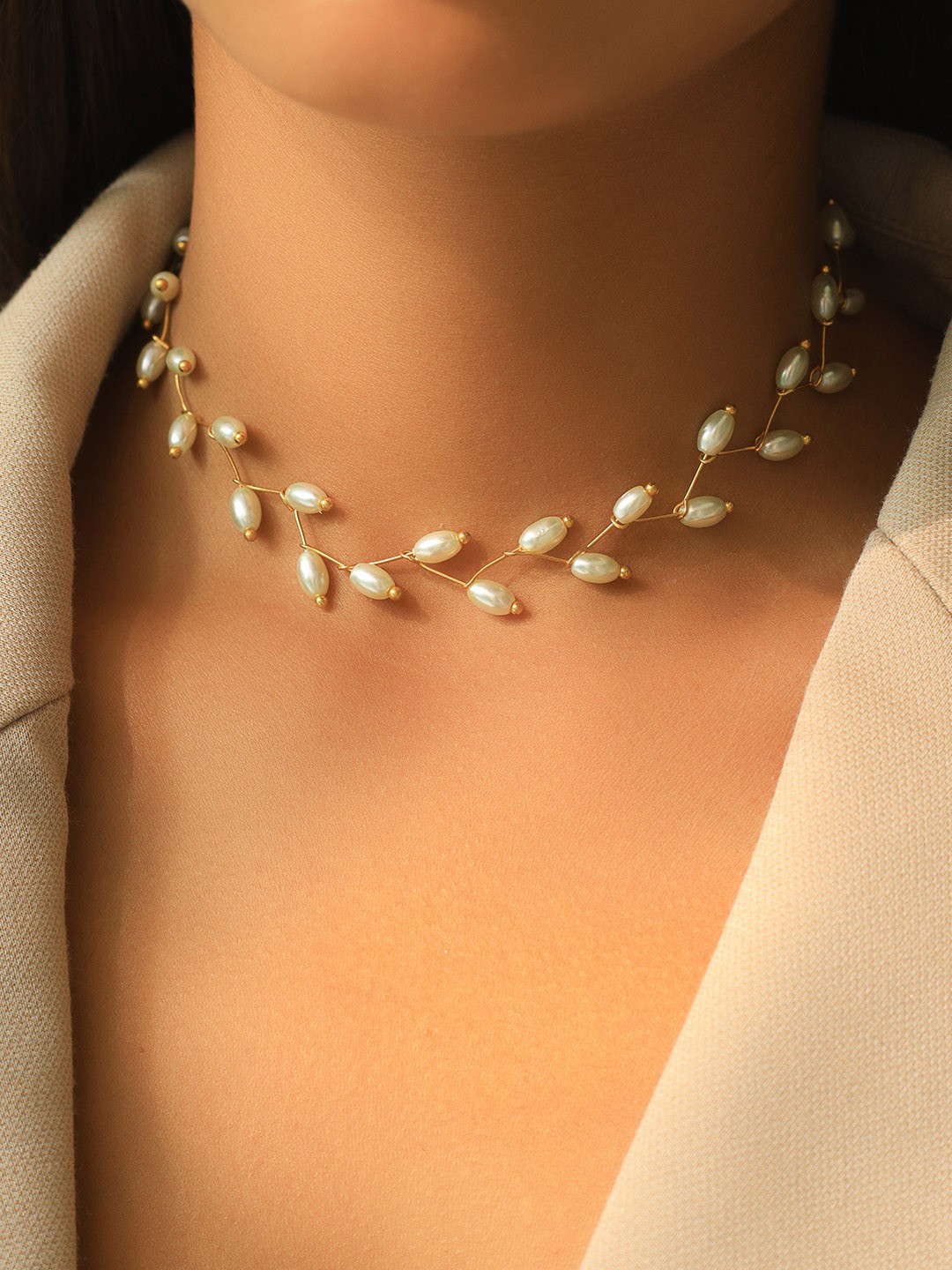 

Ayesha Leaf Pattern Beaded Necklace, Gold