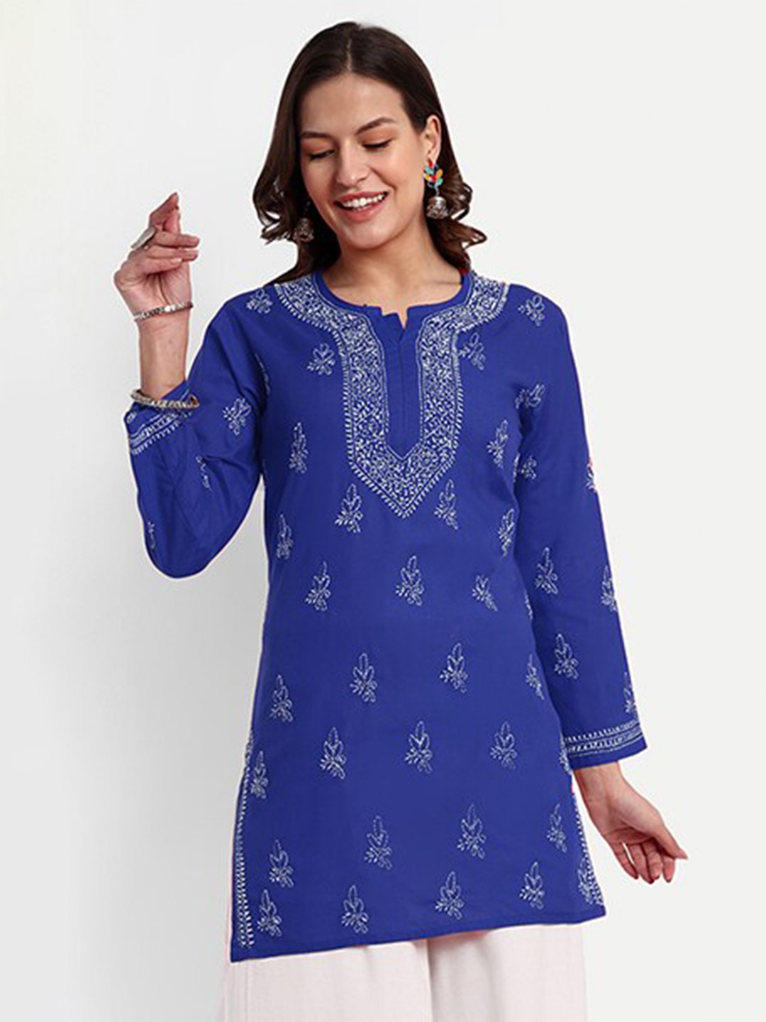

ADA Ethnic Motifs Embroidered Chikankari Detail Pure Cotton Kurti, Blue