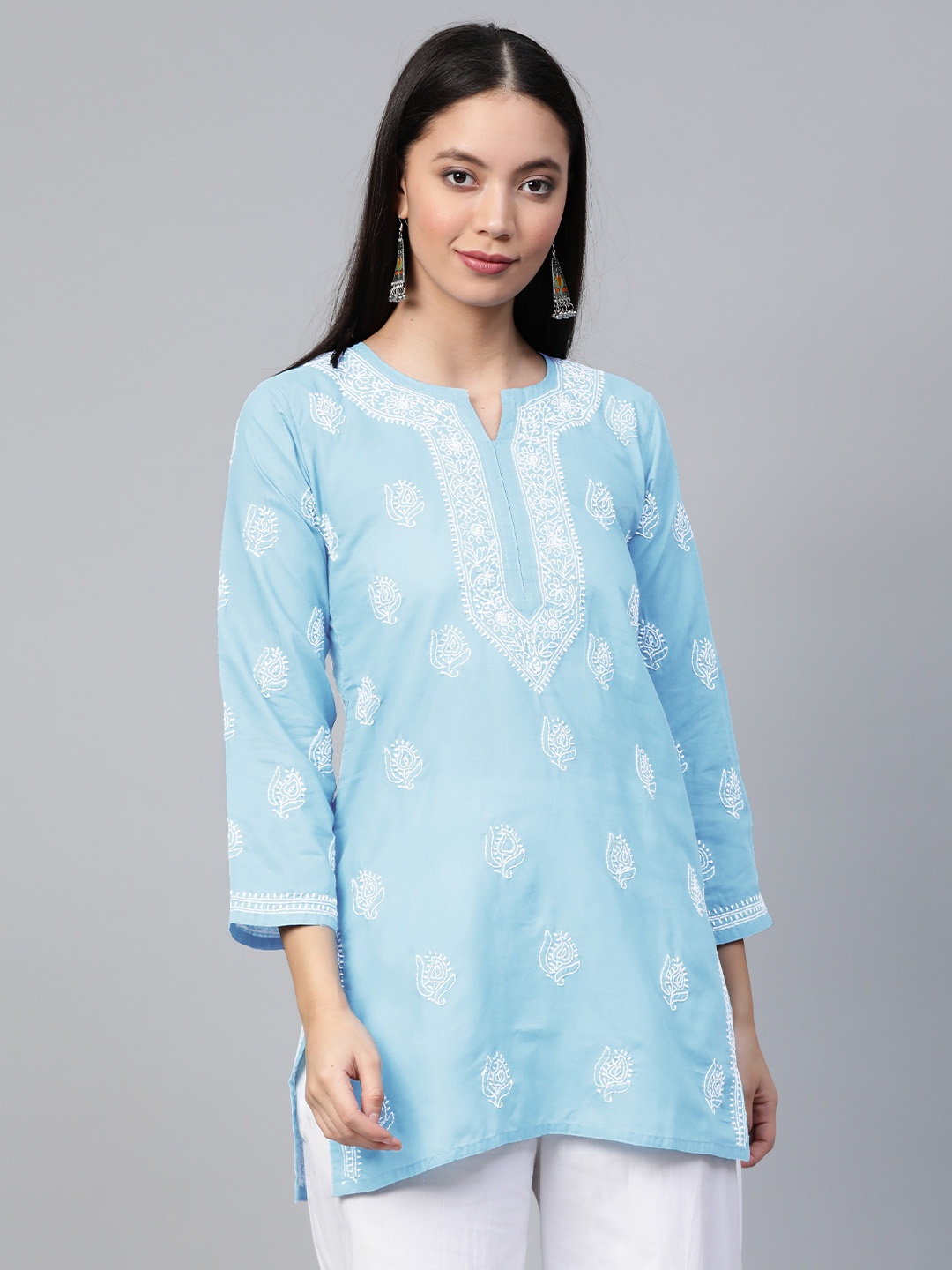 

ADA Ethnic Motifs Embroidered Lucknowi Chikankari Pure Cotton Straight Kurti, Blue