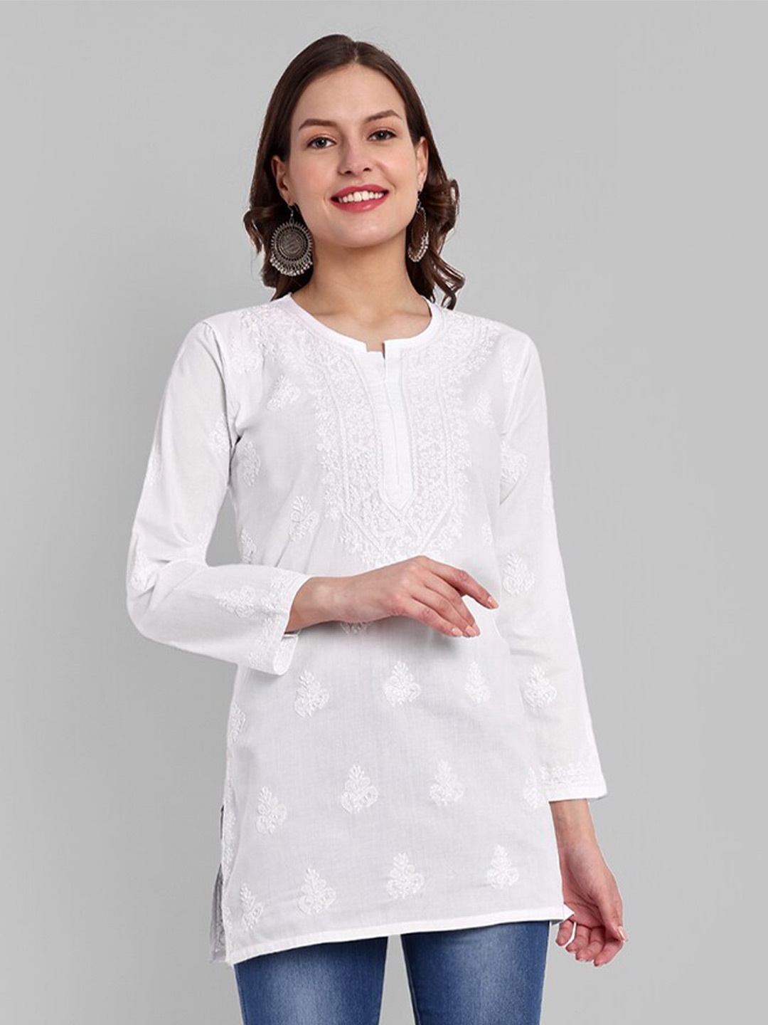 

ADA Ethnic Motifs Embroidered Chikankari Detail Pure Cotton Kurti, White