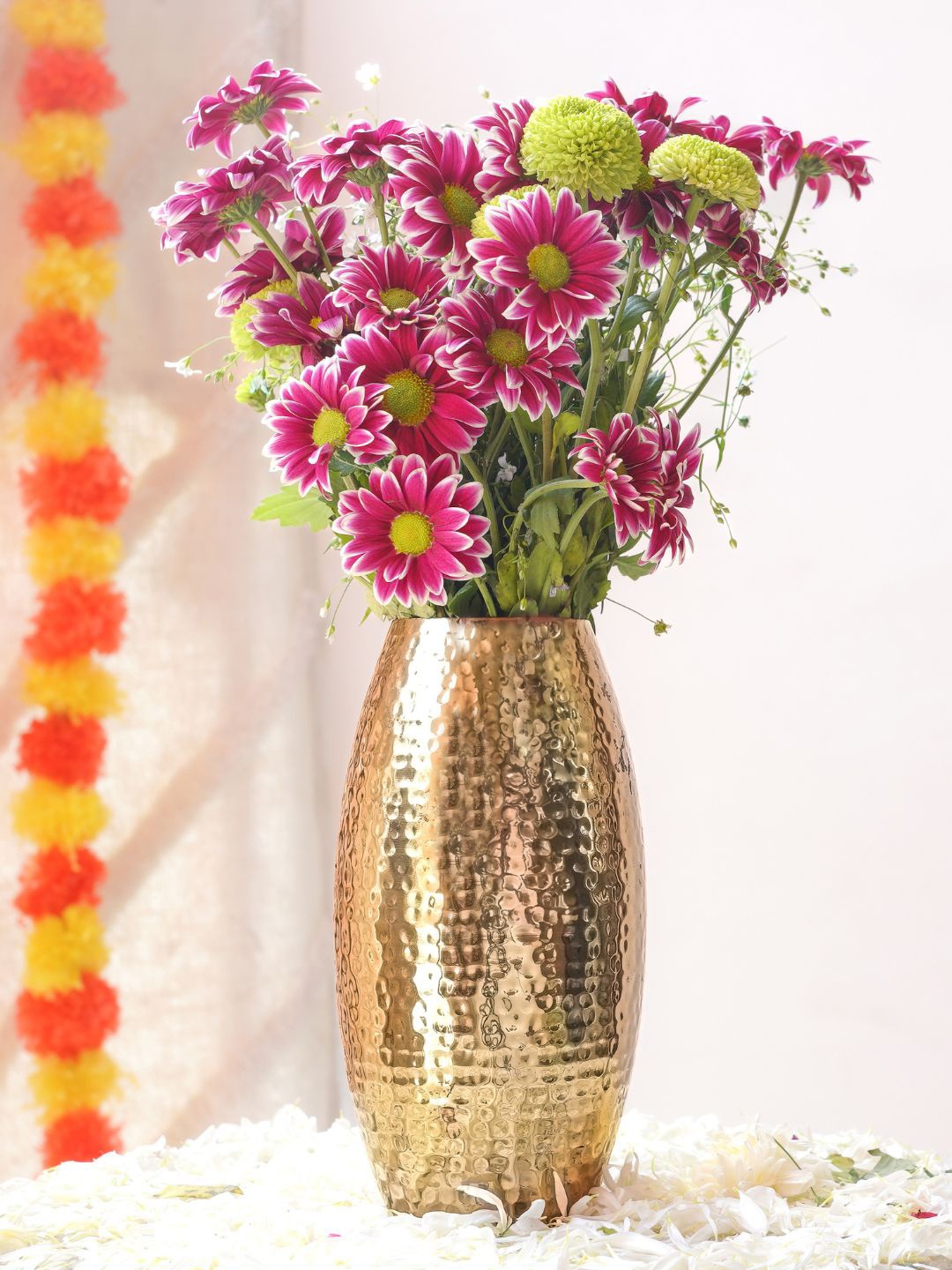 

BEHOMA Full Hammered Golden Oblong Shape Metal Flower Vase, Gold