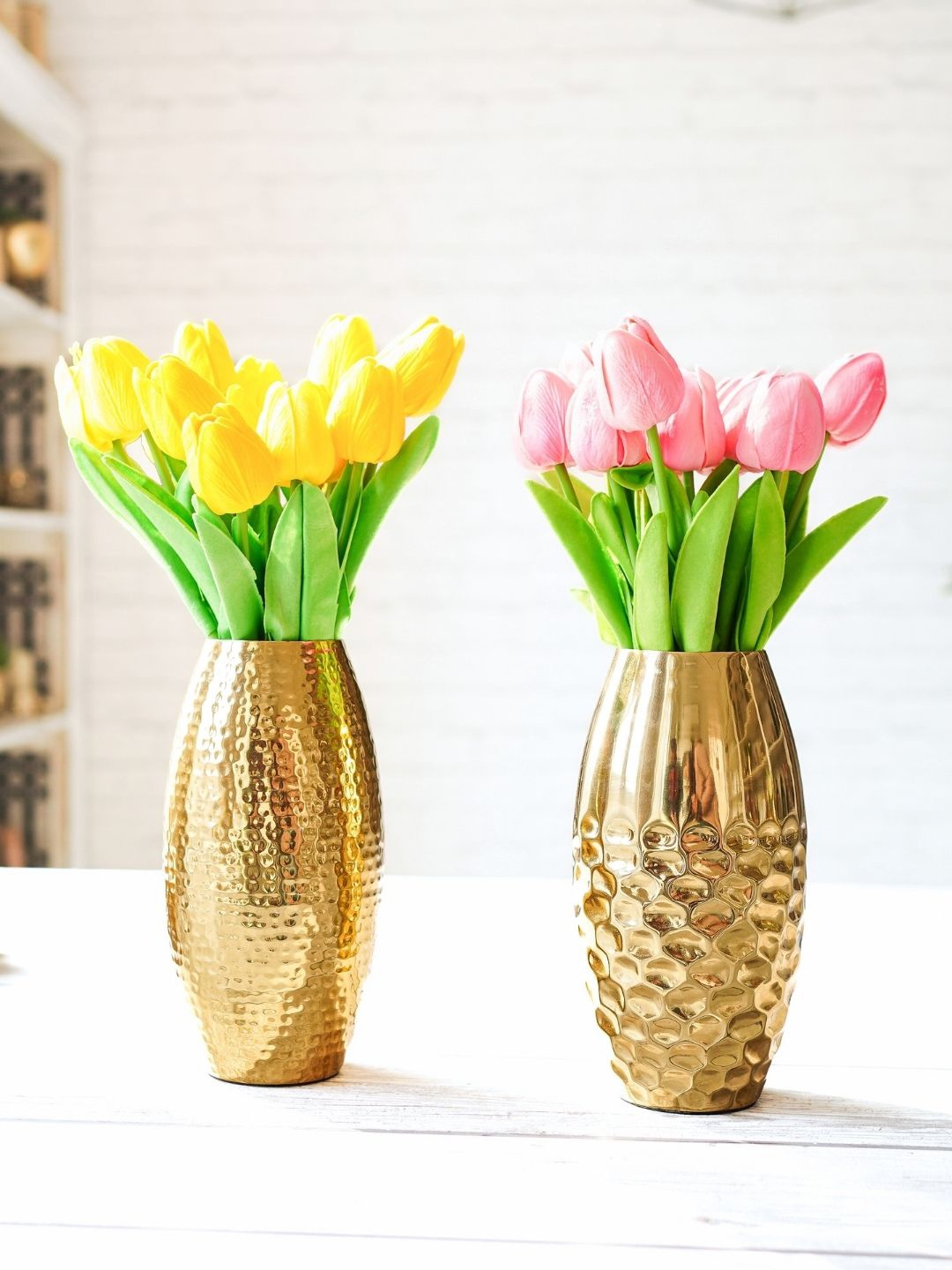 

BEHOMA Set of 2 Hammered Gold Toned Oblong Metal Flower Vase