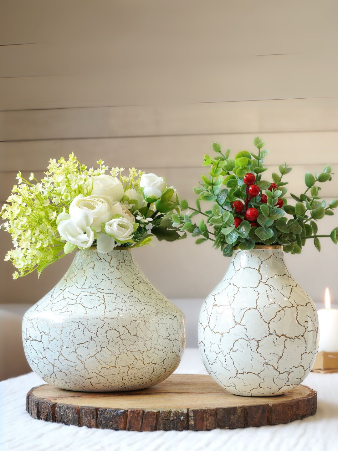 

BEHOMA Set of 2 Crackled White Metal Bud Shape Small & Large Flower Vase