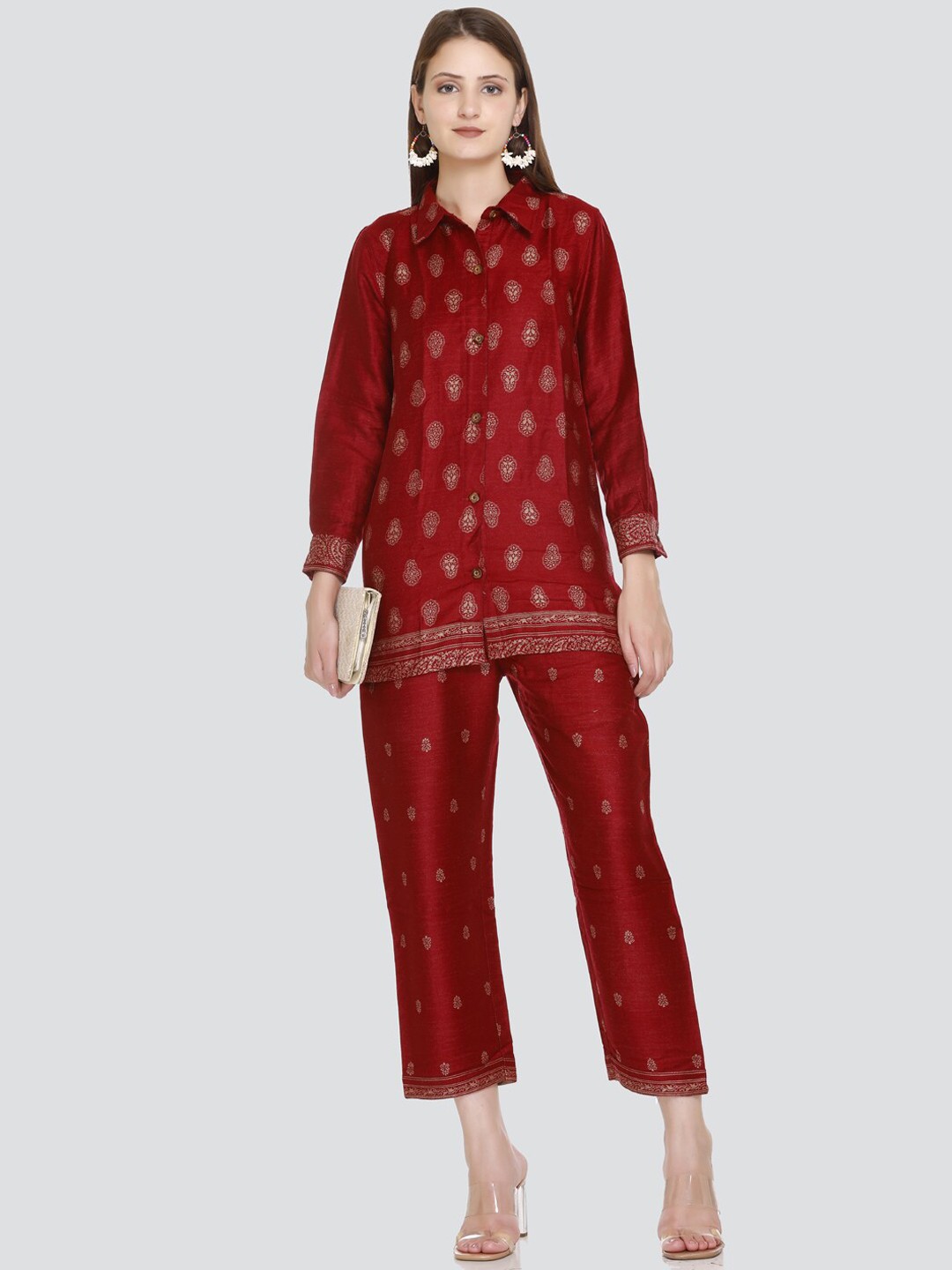 

HOUSE OF KIRNA'S WITH LOGO OF HOK Printed Shirt-Collar Shirt With Trouser Co-Ords, Maroon