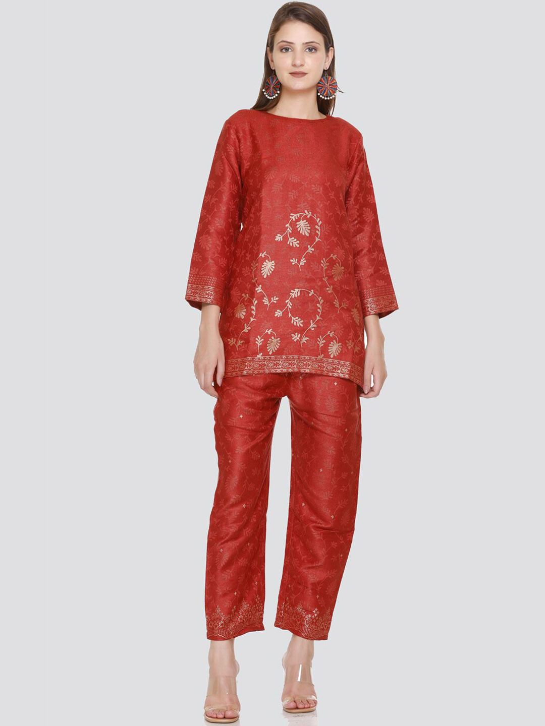 

HOUSE OF KIRNA'S WITH LOGO OF HOK Printed Round-Neck Tunic With Trouser Co-Ords, Rust