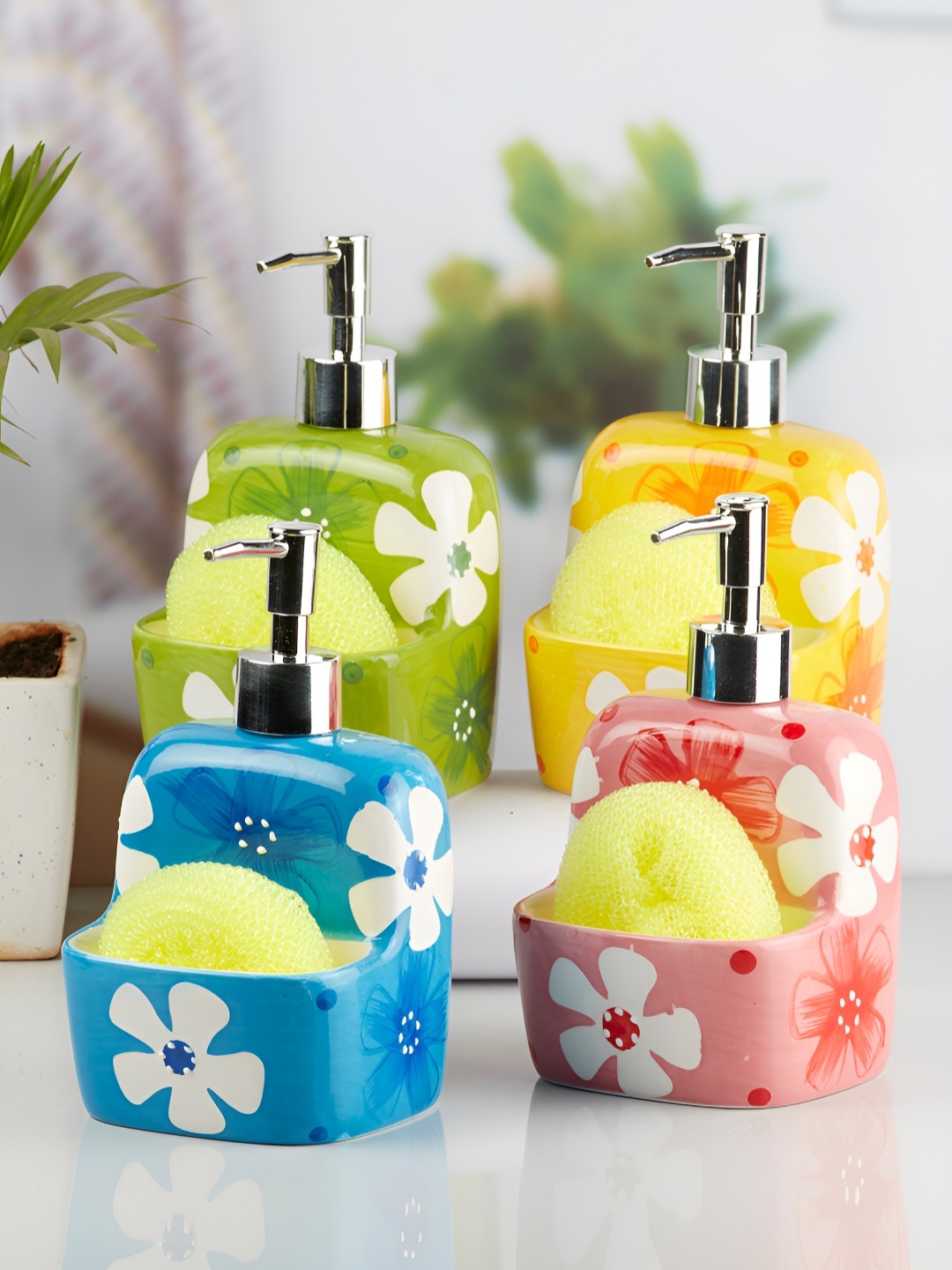 

Kookee Blue & Green 4 Pieces Floral Printed Ceramic Glossy Soap Dispensers