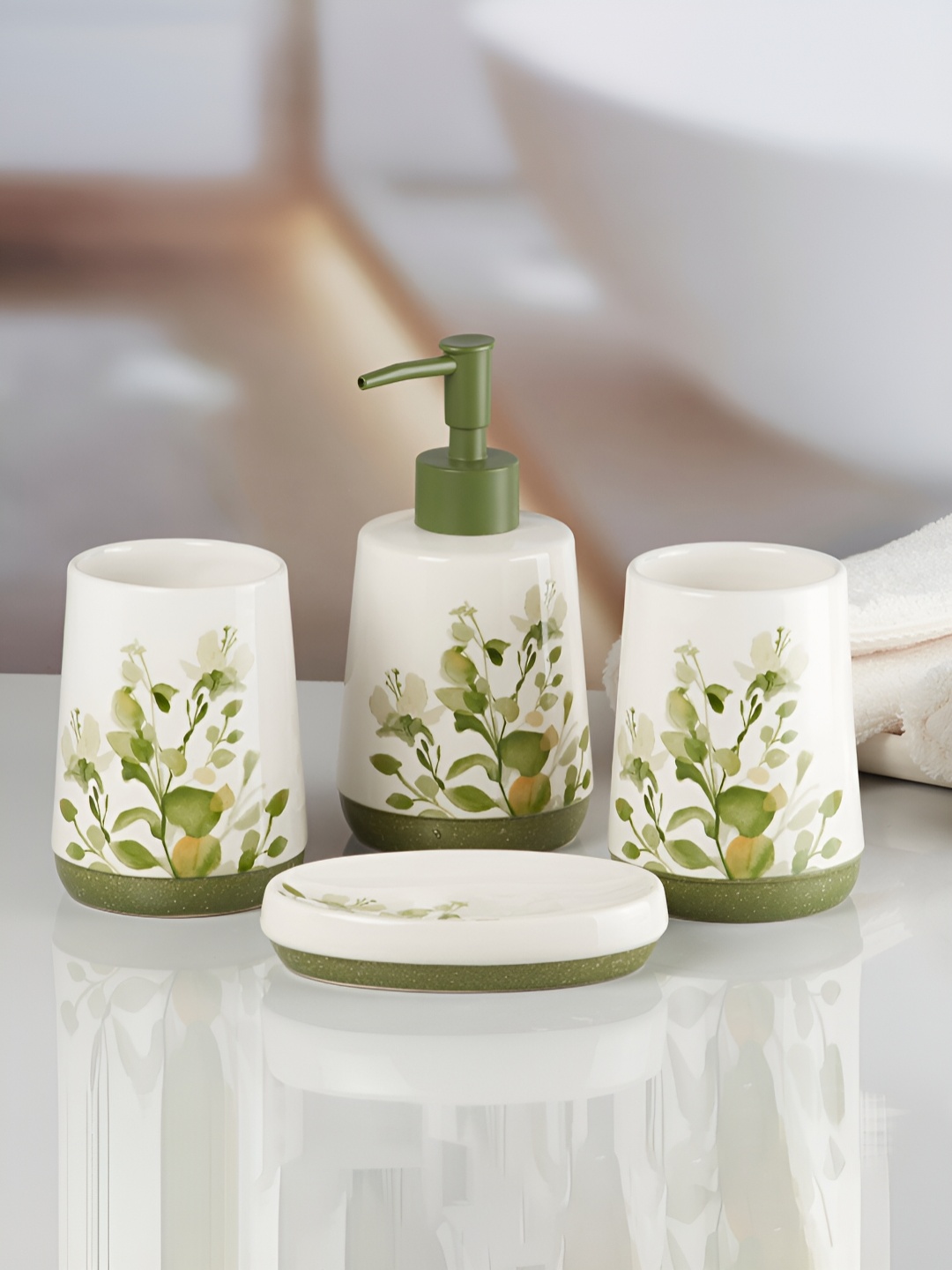 

Kookee White & Green 4 Pieces Floral Ceramic Bath Accessories Set