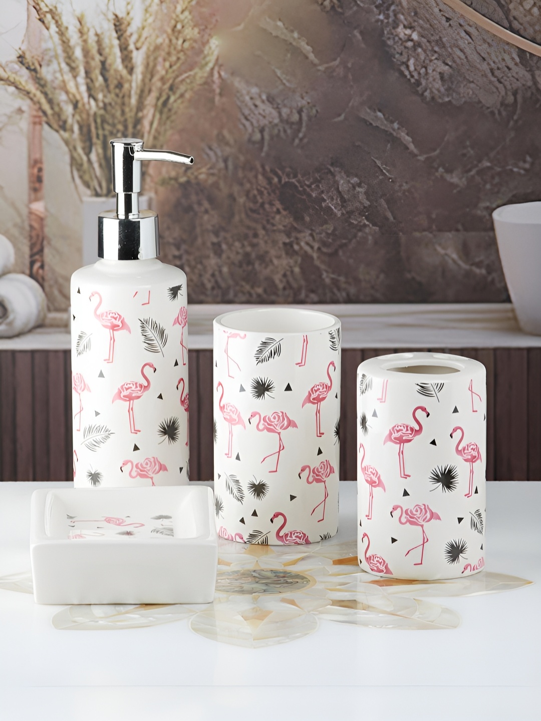 

Kookee White & Pink 4 Pieces Floral Ceramic Bath Accessories Set