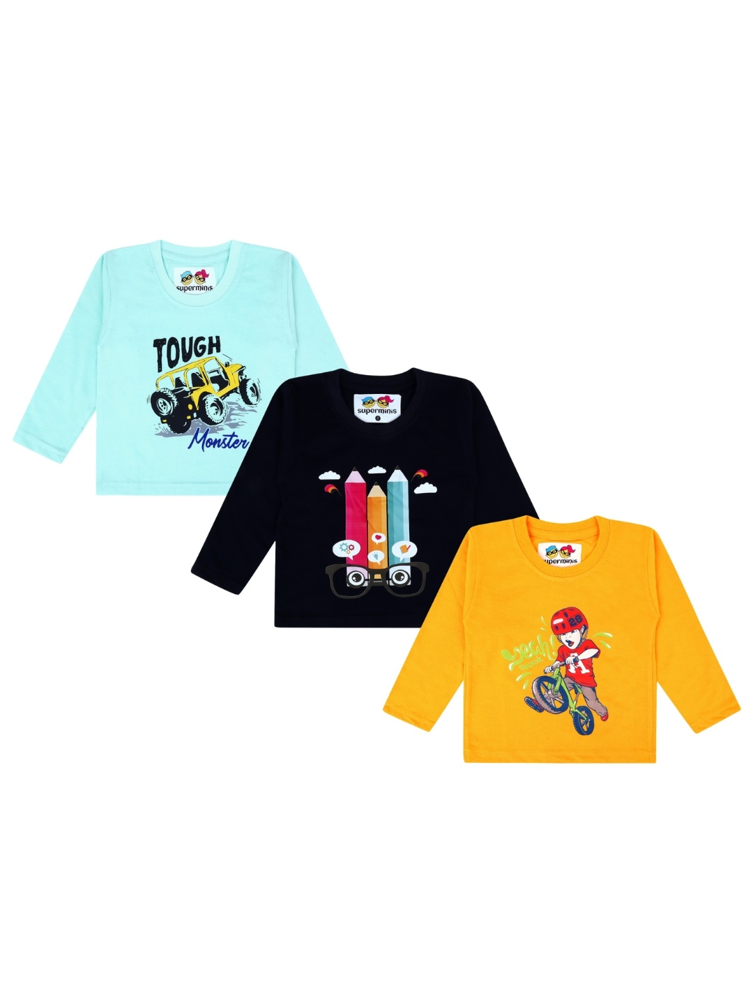 

Superminis Boys Pack of 3 Long Sleeves Cotton Printed T-Shirts, Blue