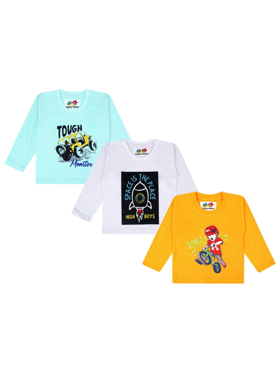 

Superminis Boys Pack Of 3 Graphic Printed Cotton T-shirt, Turquoise blue