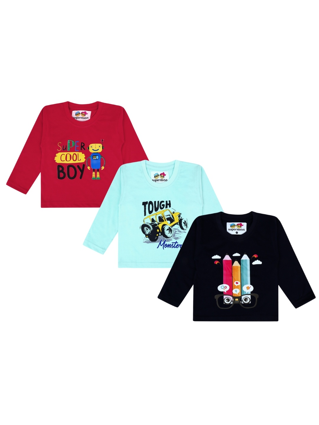

Superminis Boys Pack of 3 Graphic Printed Cotton T-shirt, Navy blue