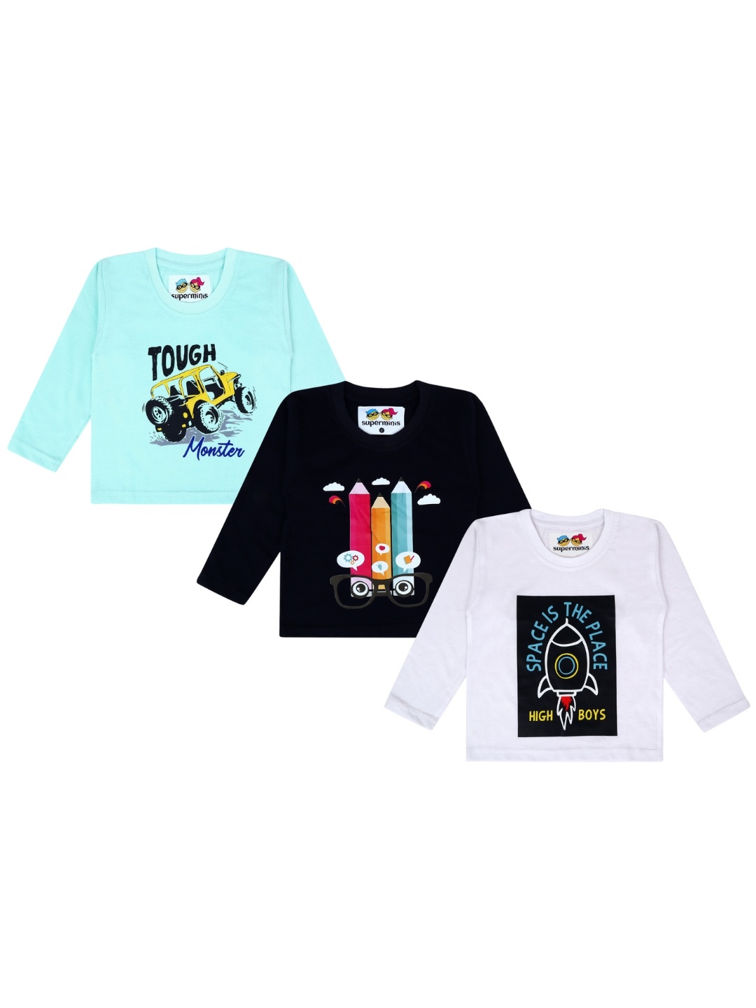 

Superminis Boys Pack Of 3 Graphic Printed Cotton T-shirt, Navy blue