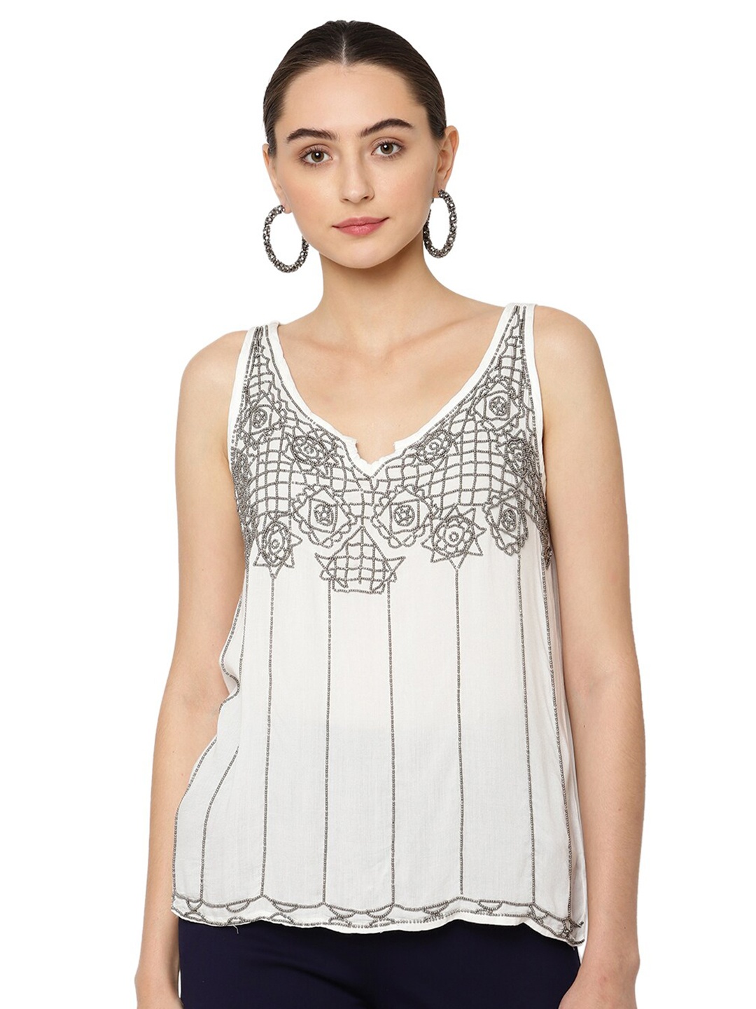 

SAVI Abstract Embellished V-Neck Top, White