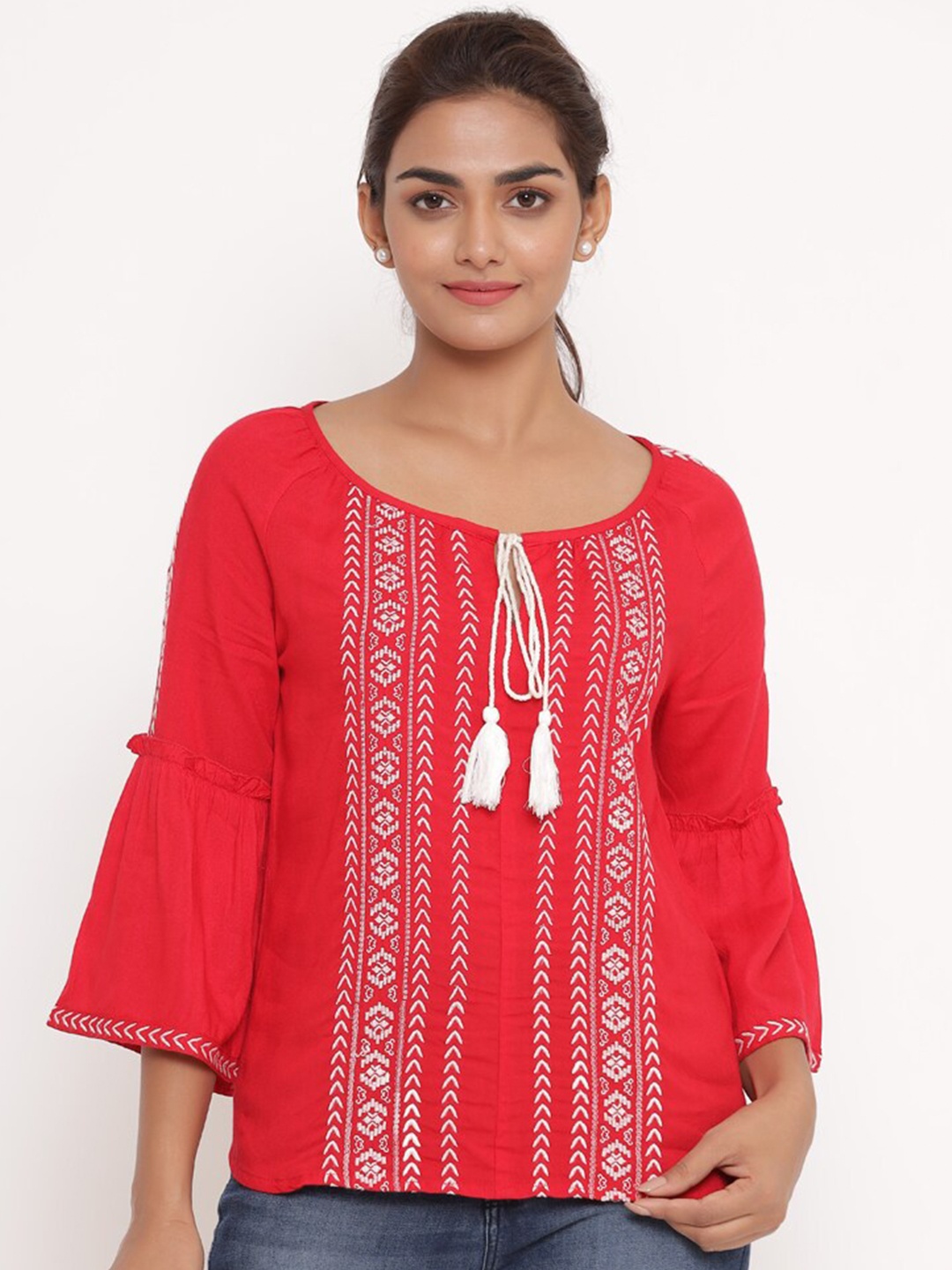 

SAVI Embroidered Tie-Up Neck Bell Sleeve Top, Red