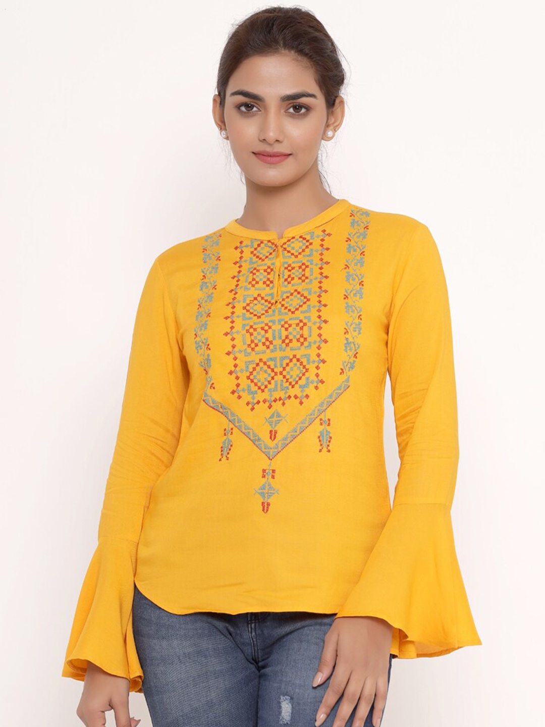 

SAVI Geometric Embroidered Mandarin Collar Bell Sleeve Top, Mustard