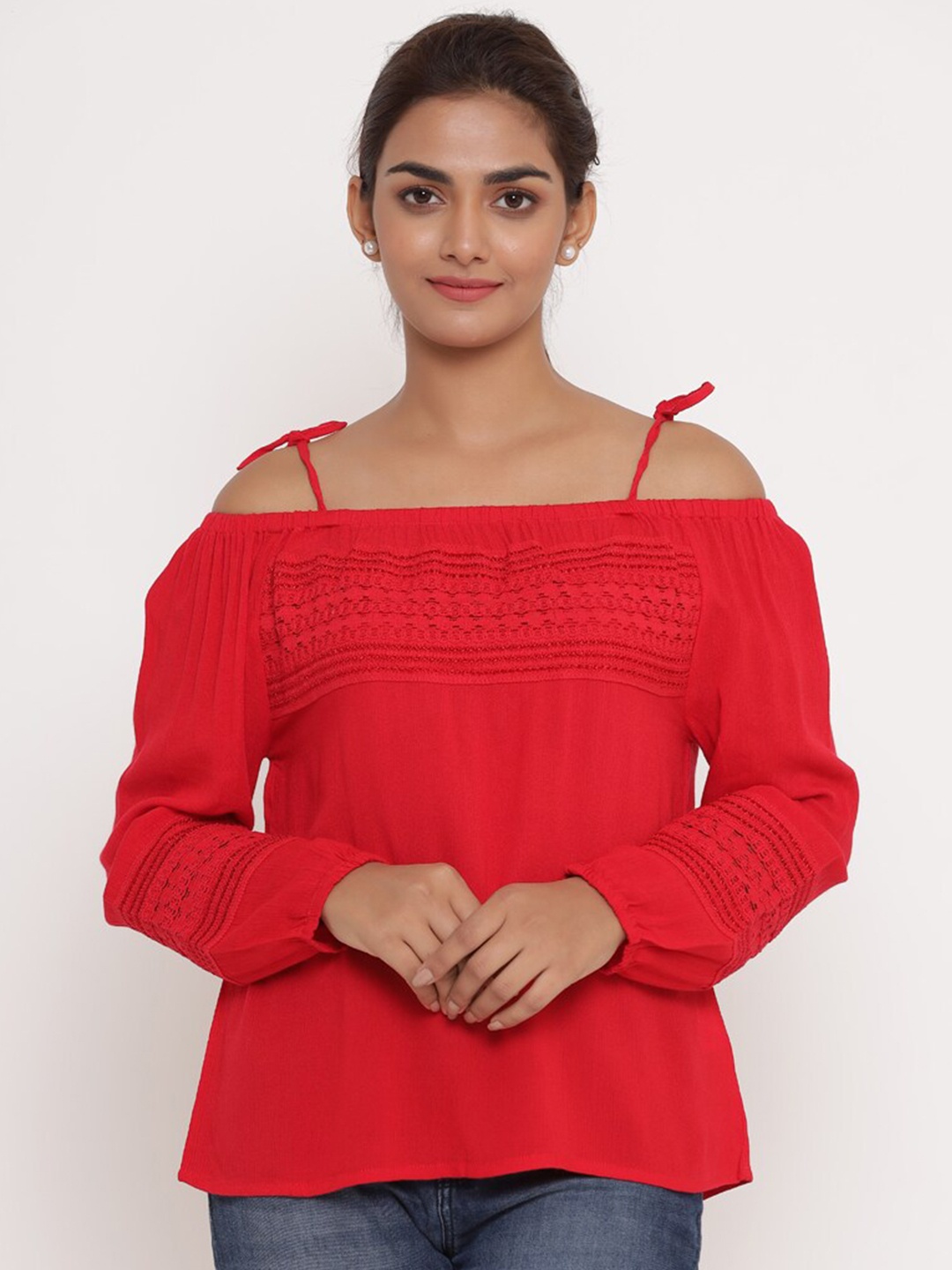 

SAVI Self Design Off-Shoulder Puff Sleeves Bardot Top, Red