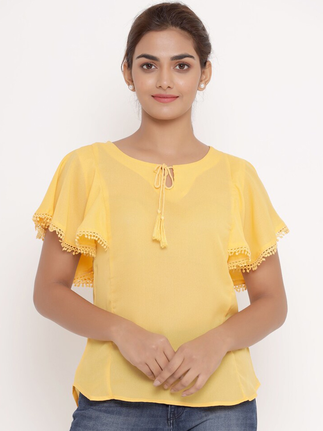 

SAVI Tie-Up Neck Flared Sleeves Top, Yellow