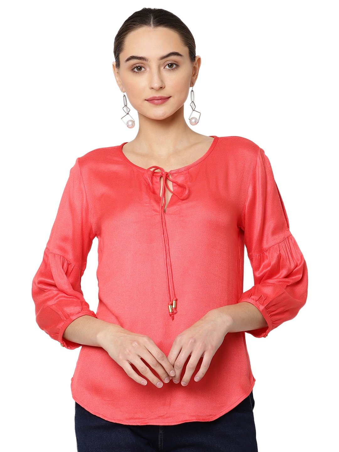 

SAVI Keyhole Neck Cuffed Sleeves Regular Top, Pink