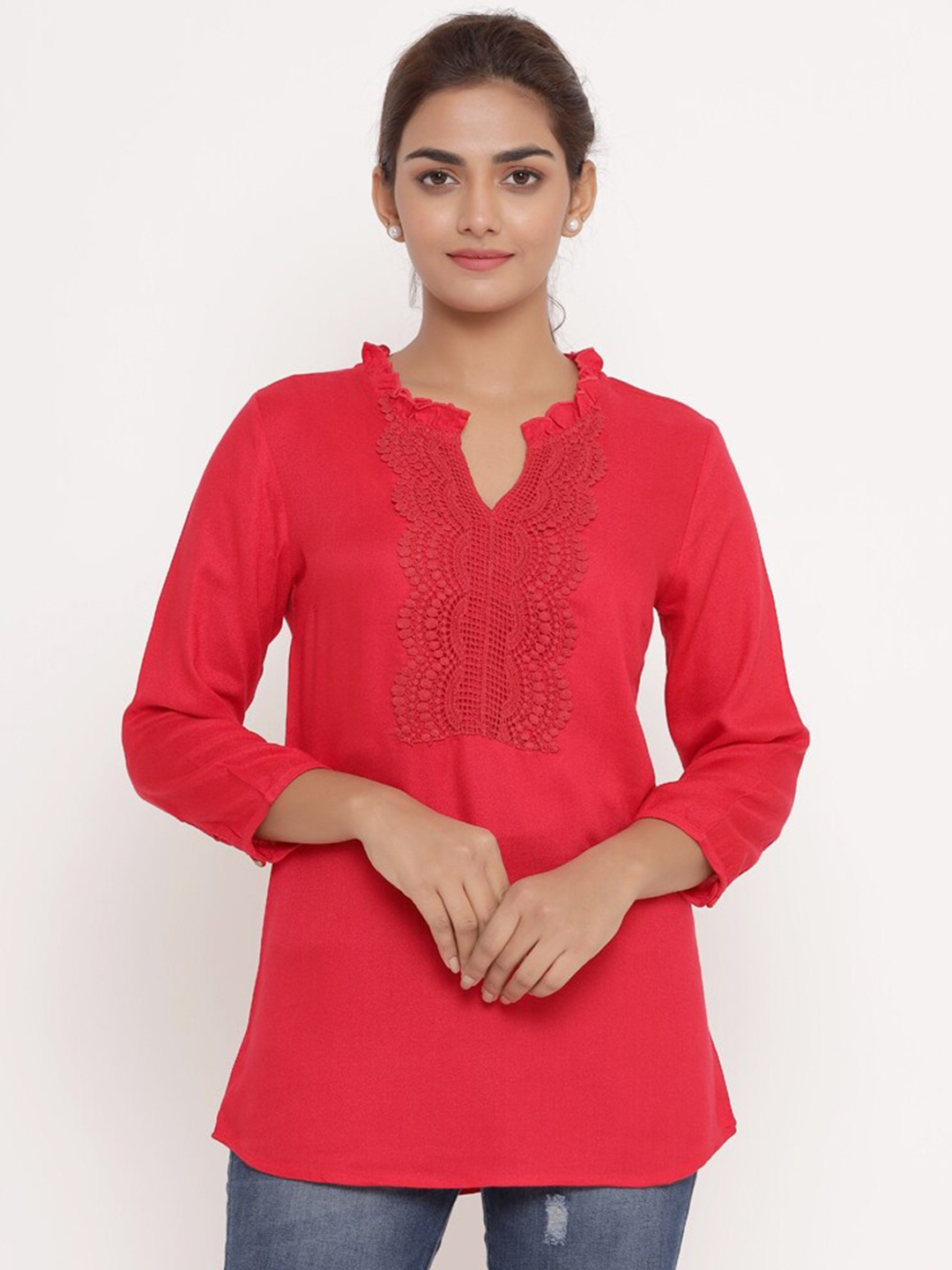 

SAVI Lace Detail Yoke Design Ruffles Tunic, Red