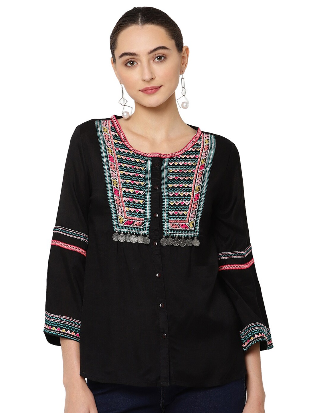 

SAVI Ethnic Motifs Embroidered Embellished Top, Black