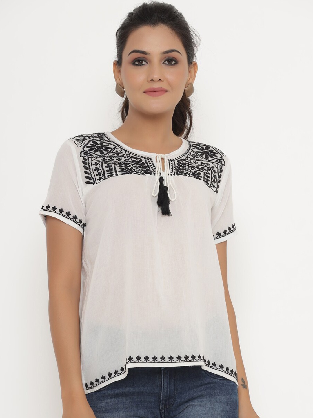 

SAVI Ethnic Motifs Embroidered Tie-Up Neck Cotton Top, White