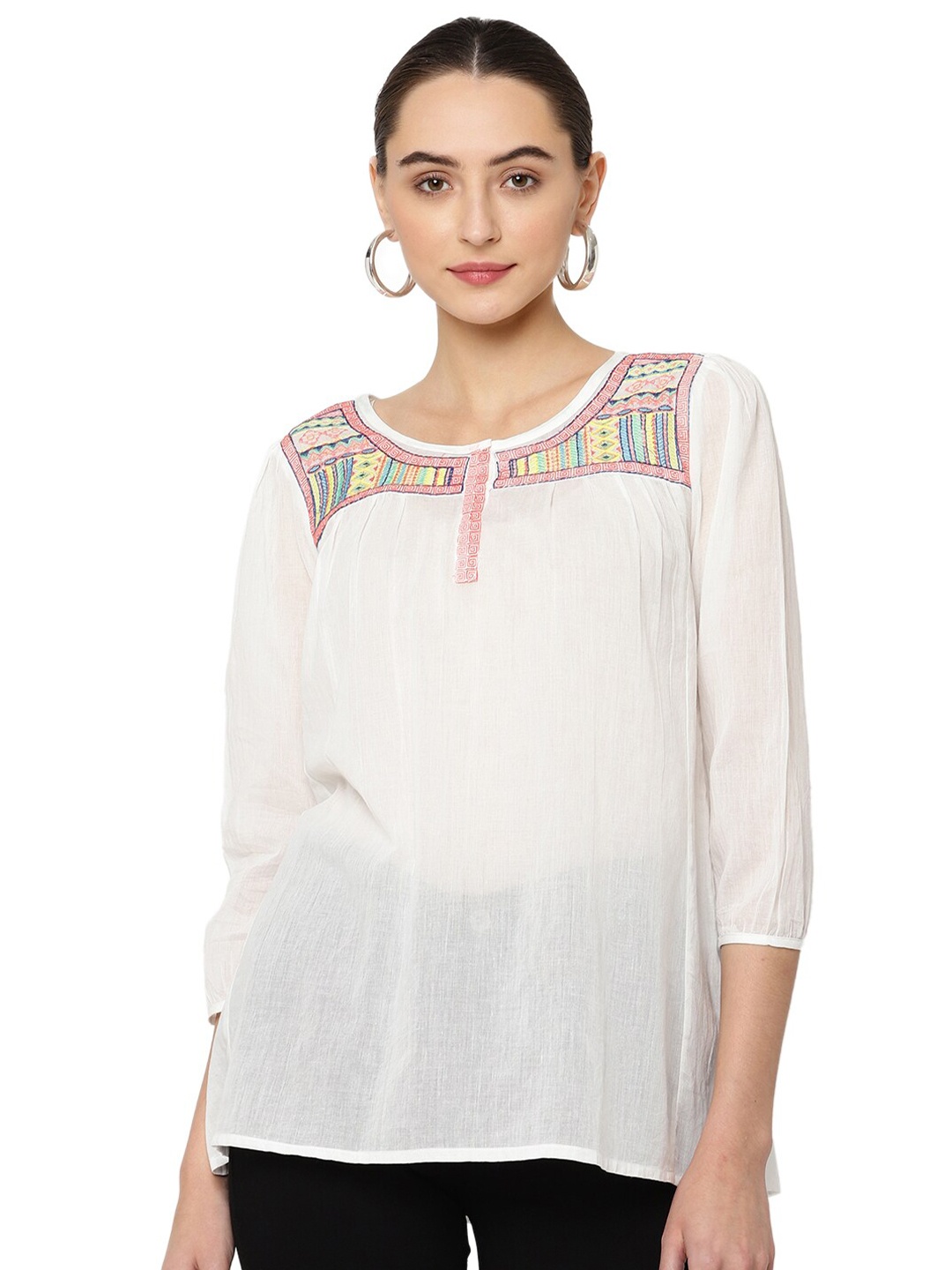 

SAVI Ethnic Motifs Embroidered Cotton Top, White