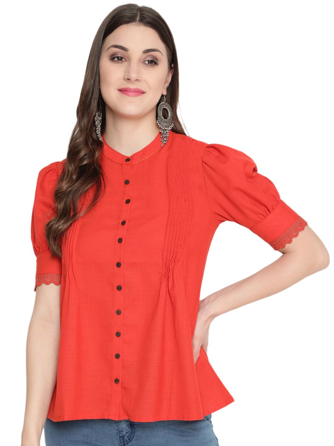 

SAVI V-Neck Mandarin Collar Puff Sleeves Top, Red