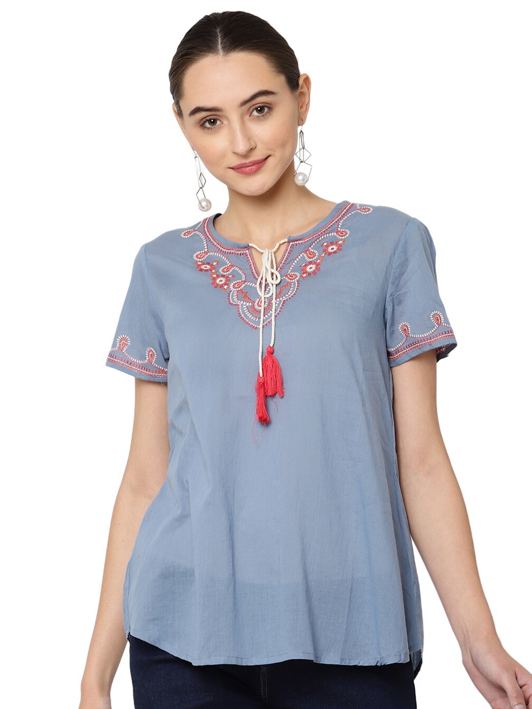 

SAVI Embroidered Tie-Up Neck Cotton Top, Blue