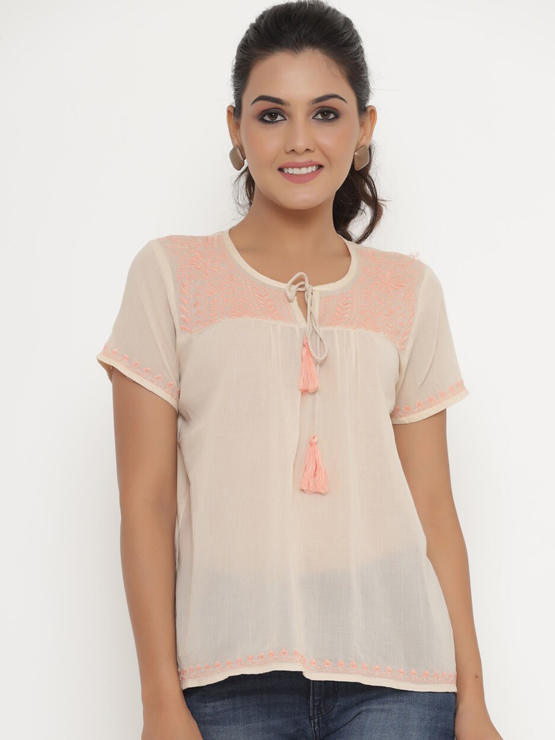 

SAVI Embroidered Tie-Up Neck Cotton Top, Peach