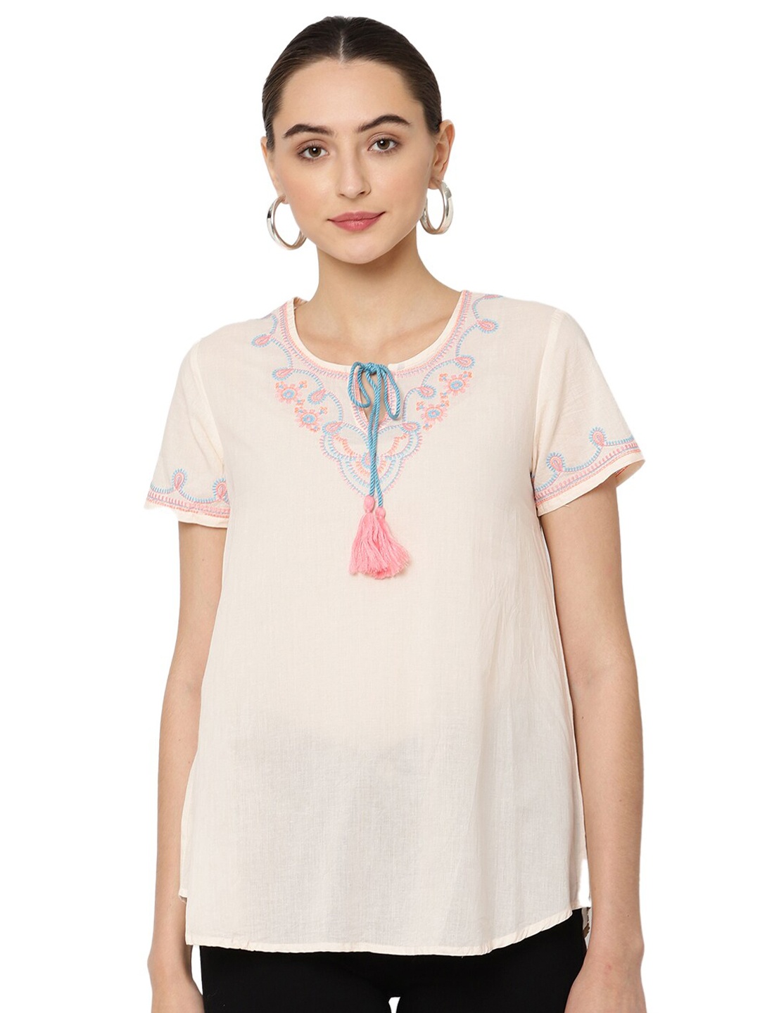 

SAVI Floral Embroidered Cotton Top, Off white