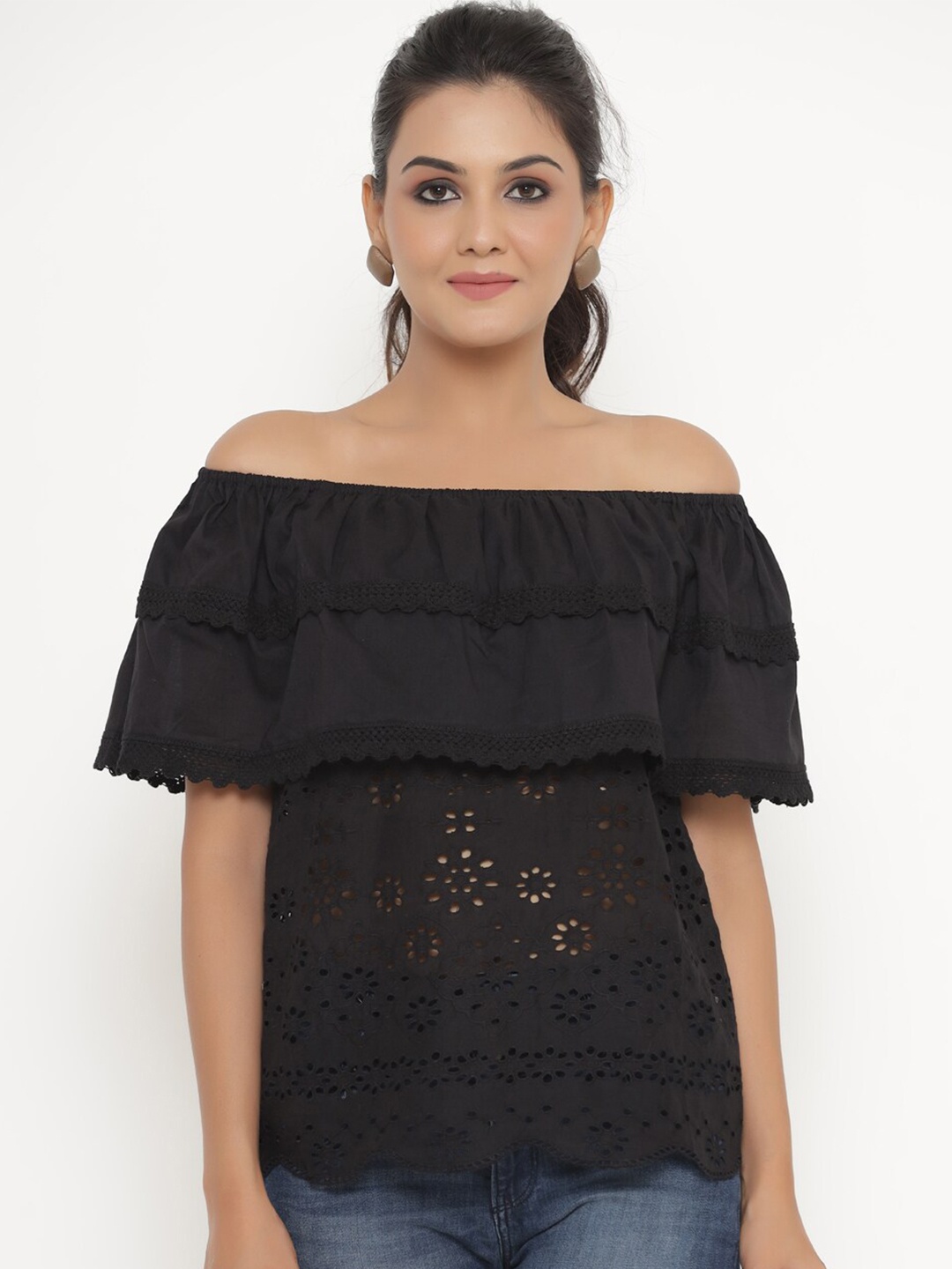 

SAVI Self Design Off-Shoulder Cotton Bardot Top, Black