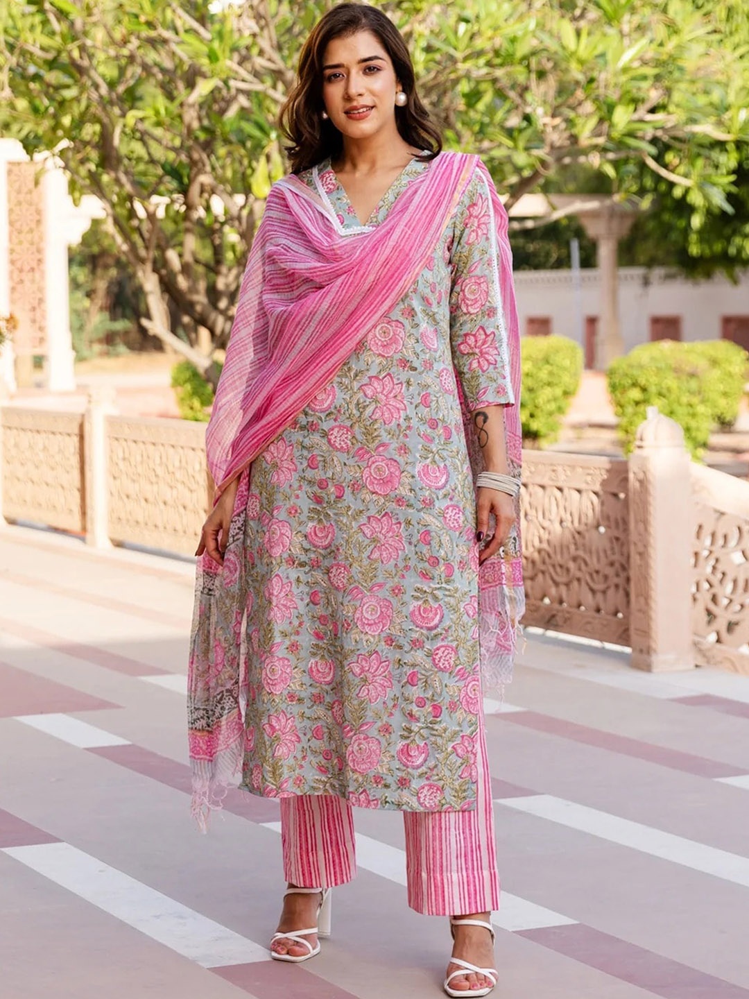 Royal Export Floral Printed Lace Straight Kurta With Trouser & Dupatta, Grey