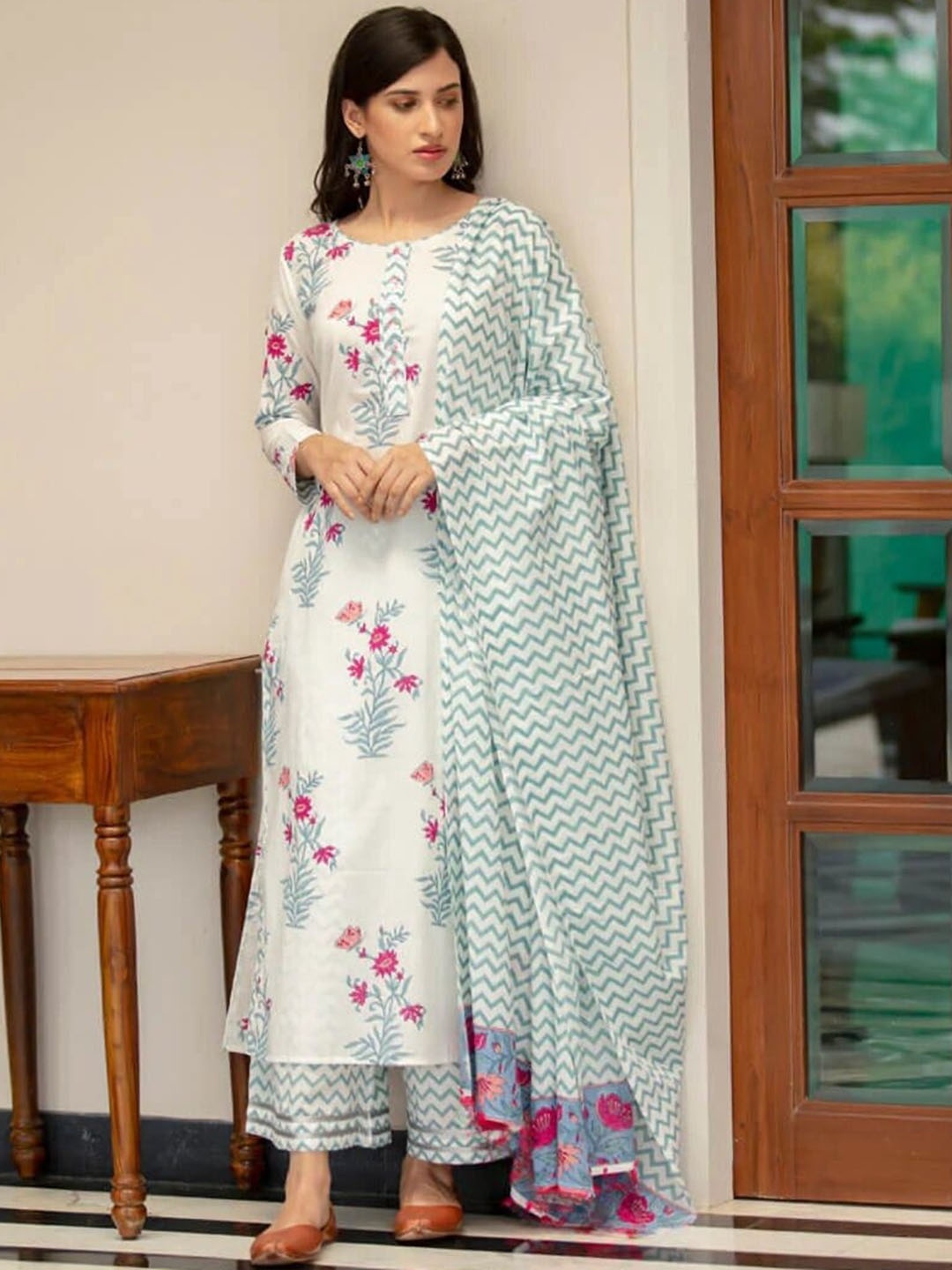 

Royal Export Floral Printed Straight Kurta With Palazzos & Dupatta, White