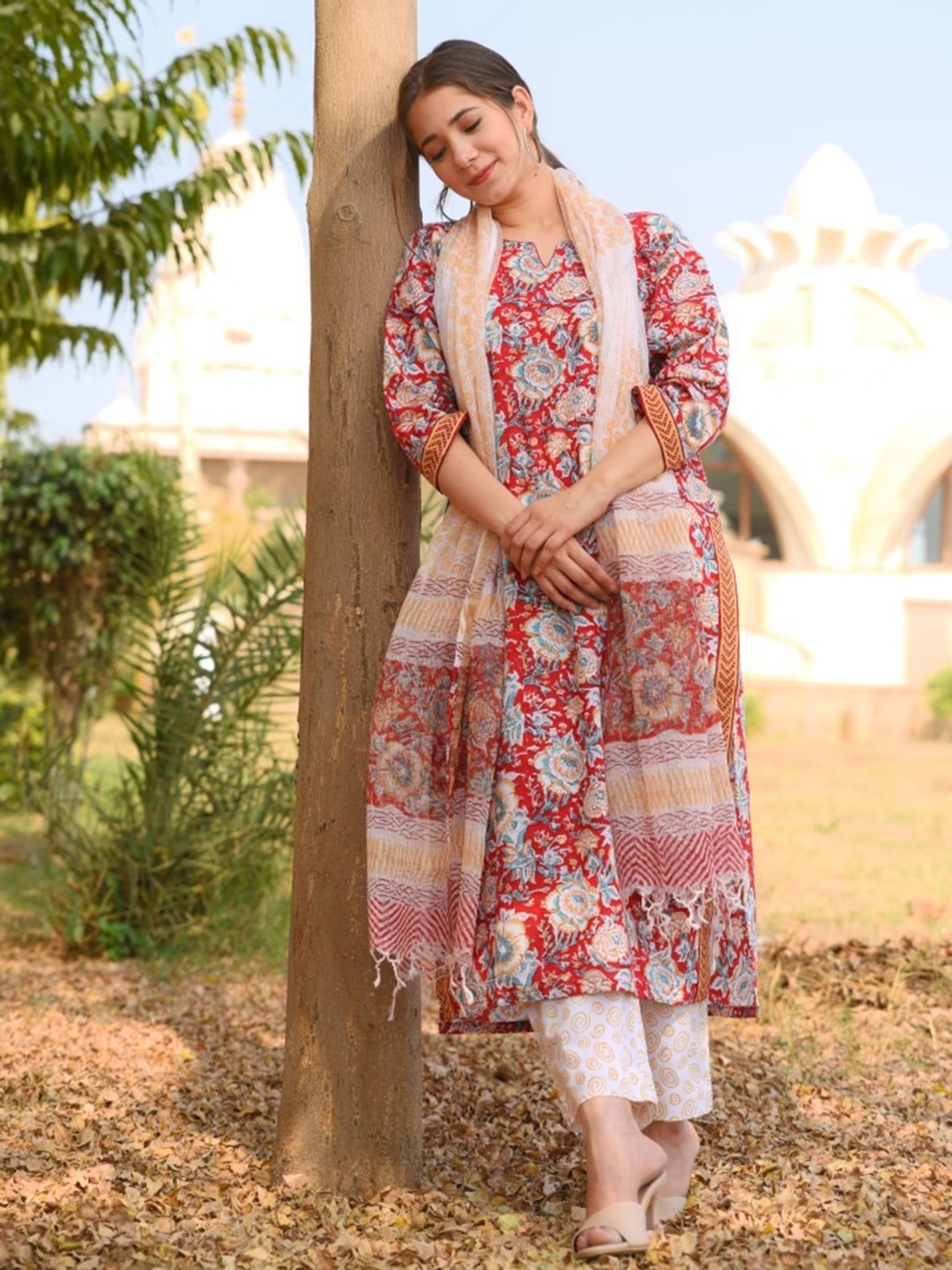 

Royal Export Polka Dots Printed Notched Round Neck Regular Kurta With Trousers & Dupatta, Red