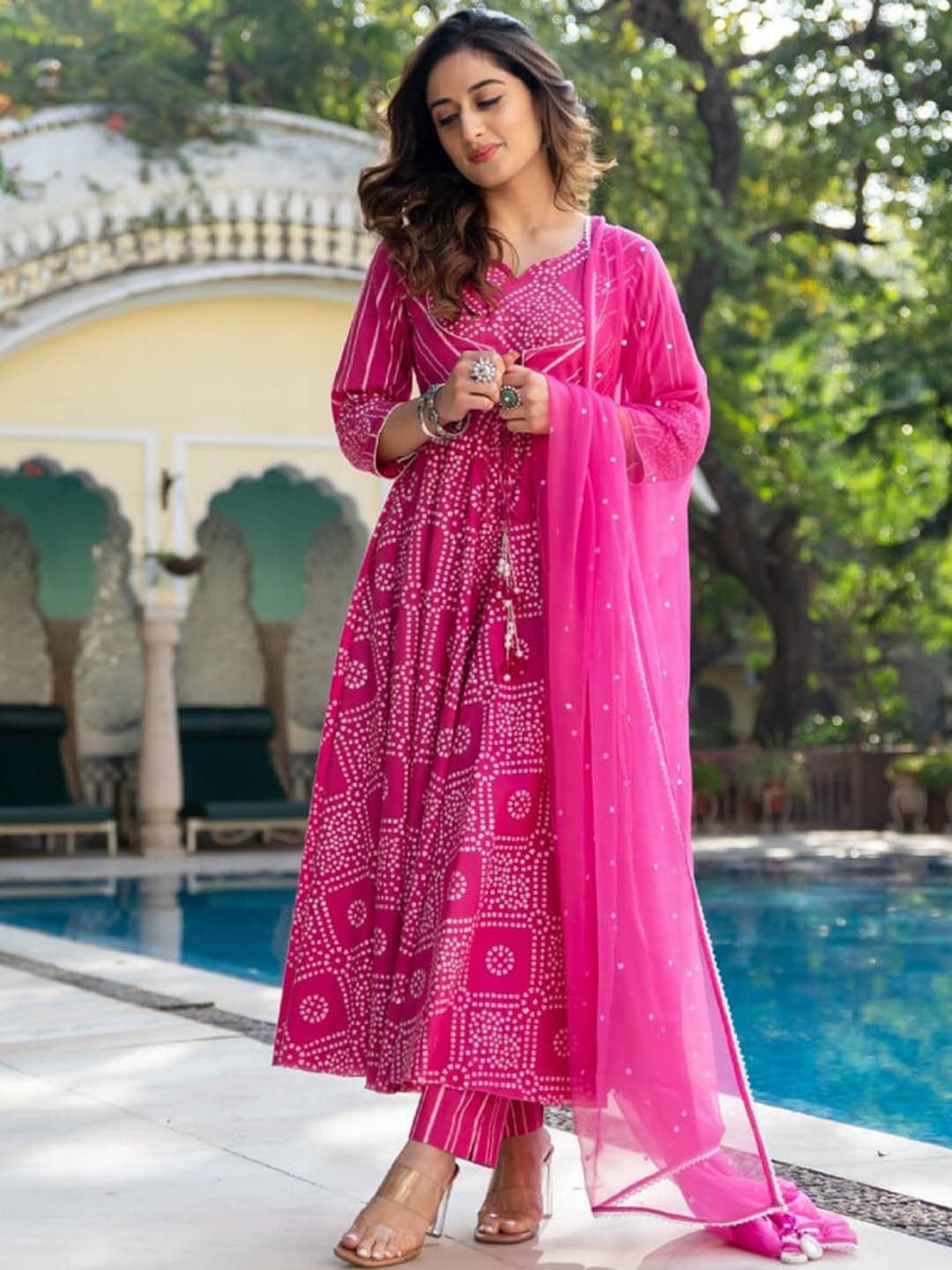 

Royal Export Bandhani Printed Regular Kurta With Trousers & Dupatta, Pink