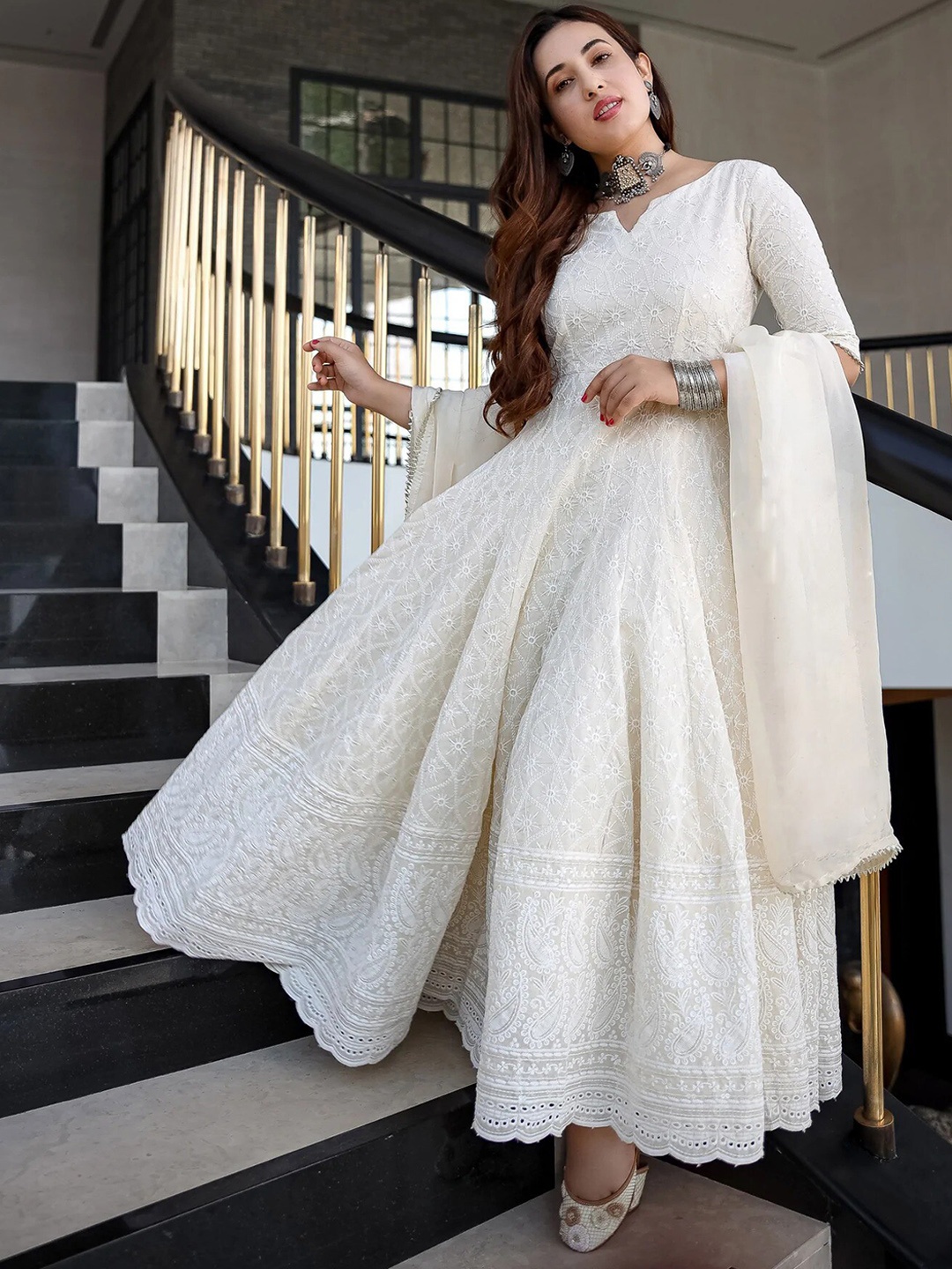 

Royal Export Ethnic Motifs Embroidered Cotton Fit & Flare Maxi Ethnic Dress With Dupatta, White