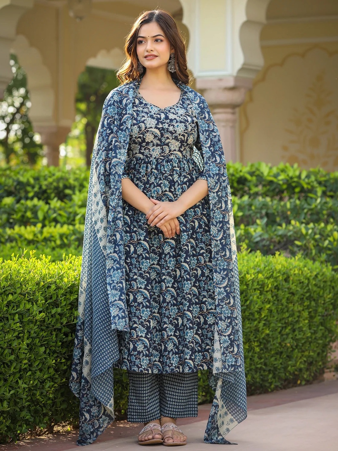 

Royal Export Floral Printed Gotta Patti A-Line Kurta With Trouser & Dupatta, Navy blue